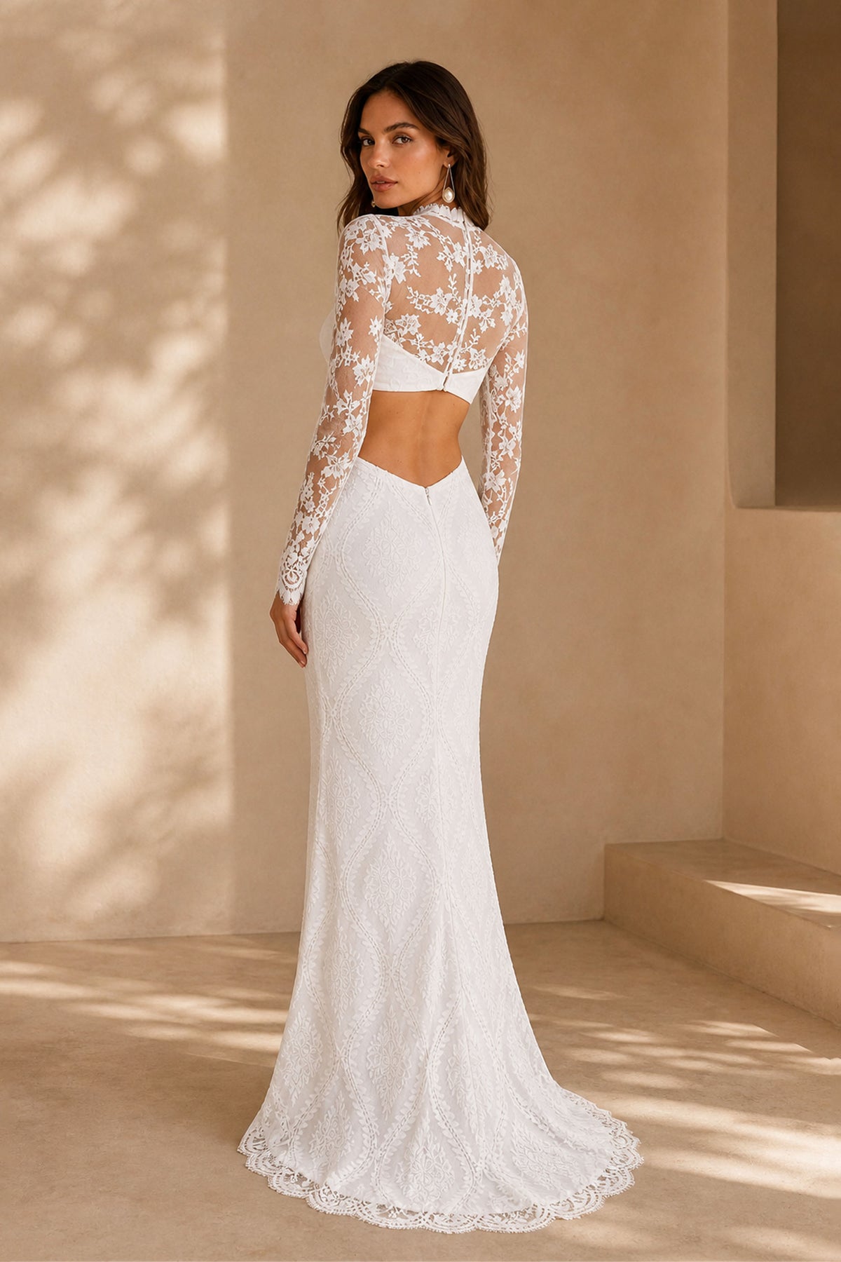 BOLODOO White Lace Mermaid Wedding Gown - Back View Showing Open Back Cutout and Scalloped Train