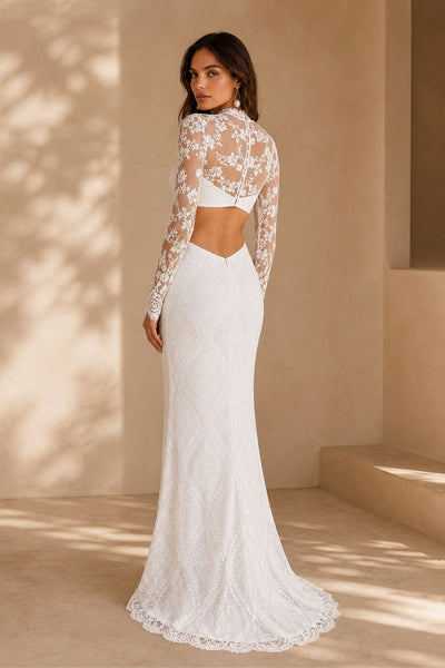 BOLODOO White Lace Mermaid Wedding Gown - Back View Showing Open Back Cutout and Scalloped Train