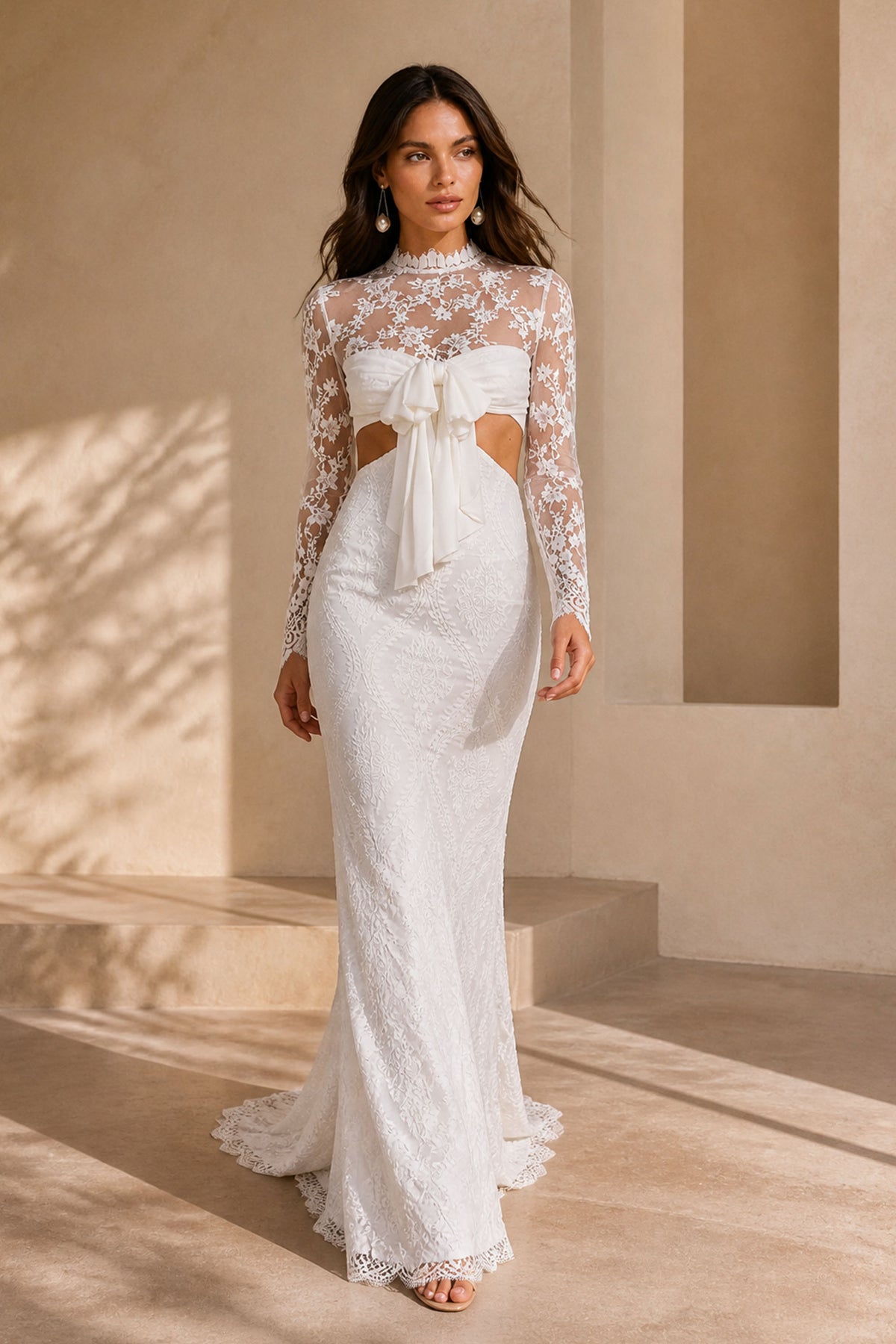 BOLODOO White Lace Mermaid Wedding Gown - Three-Quarter Front View Showing Side Cutouts and Bow