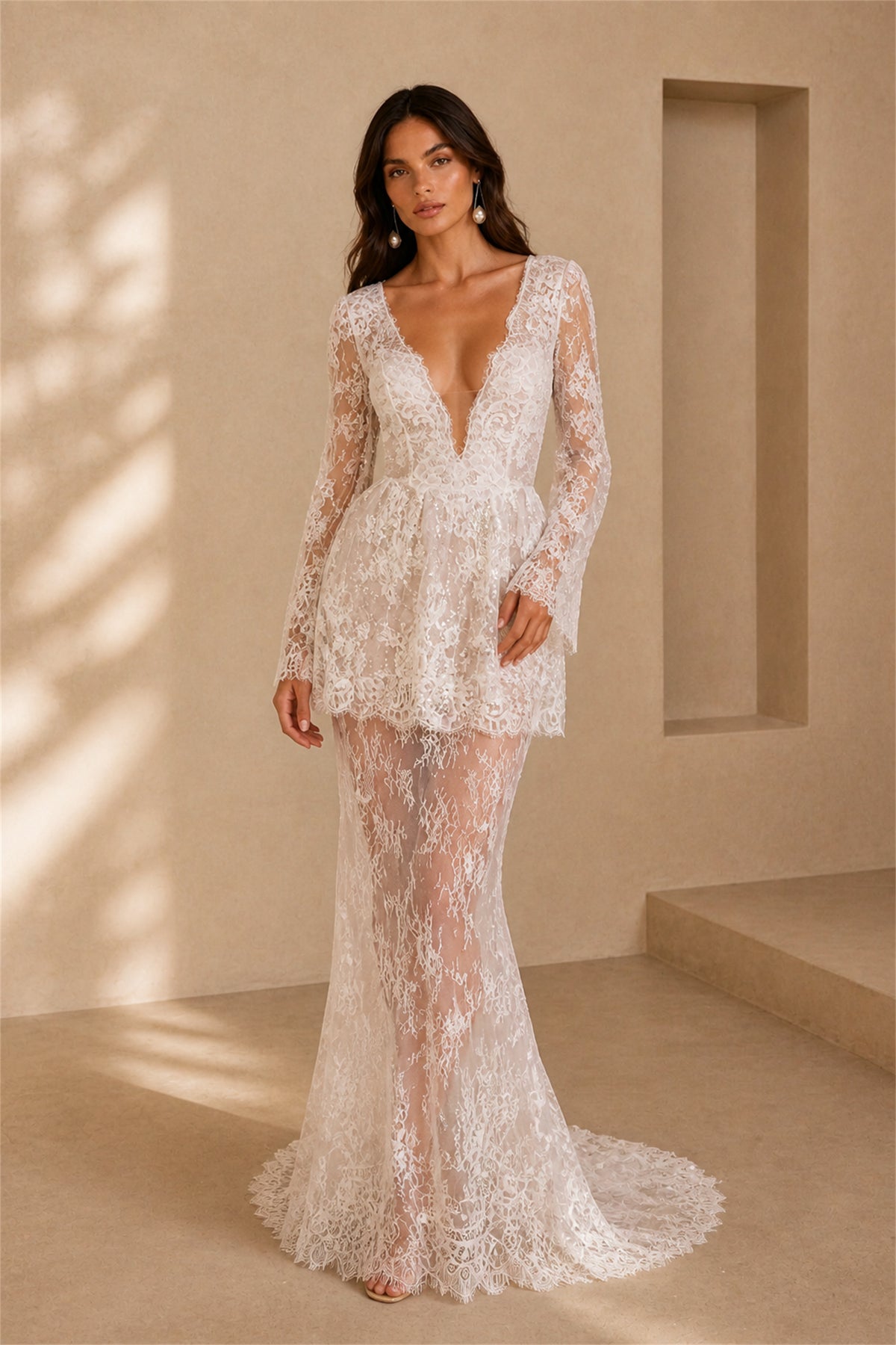 BOLODOO Ivory Lace Convertible Wedding Dress - Walking Shot Full Front Mini Look