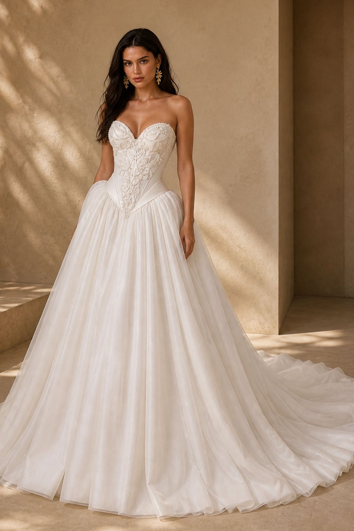 BOLODOO Ivory Strapless Sweetheart Pearl Lace Corset Ballgown - Full Front View