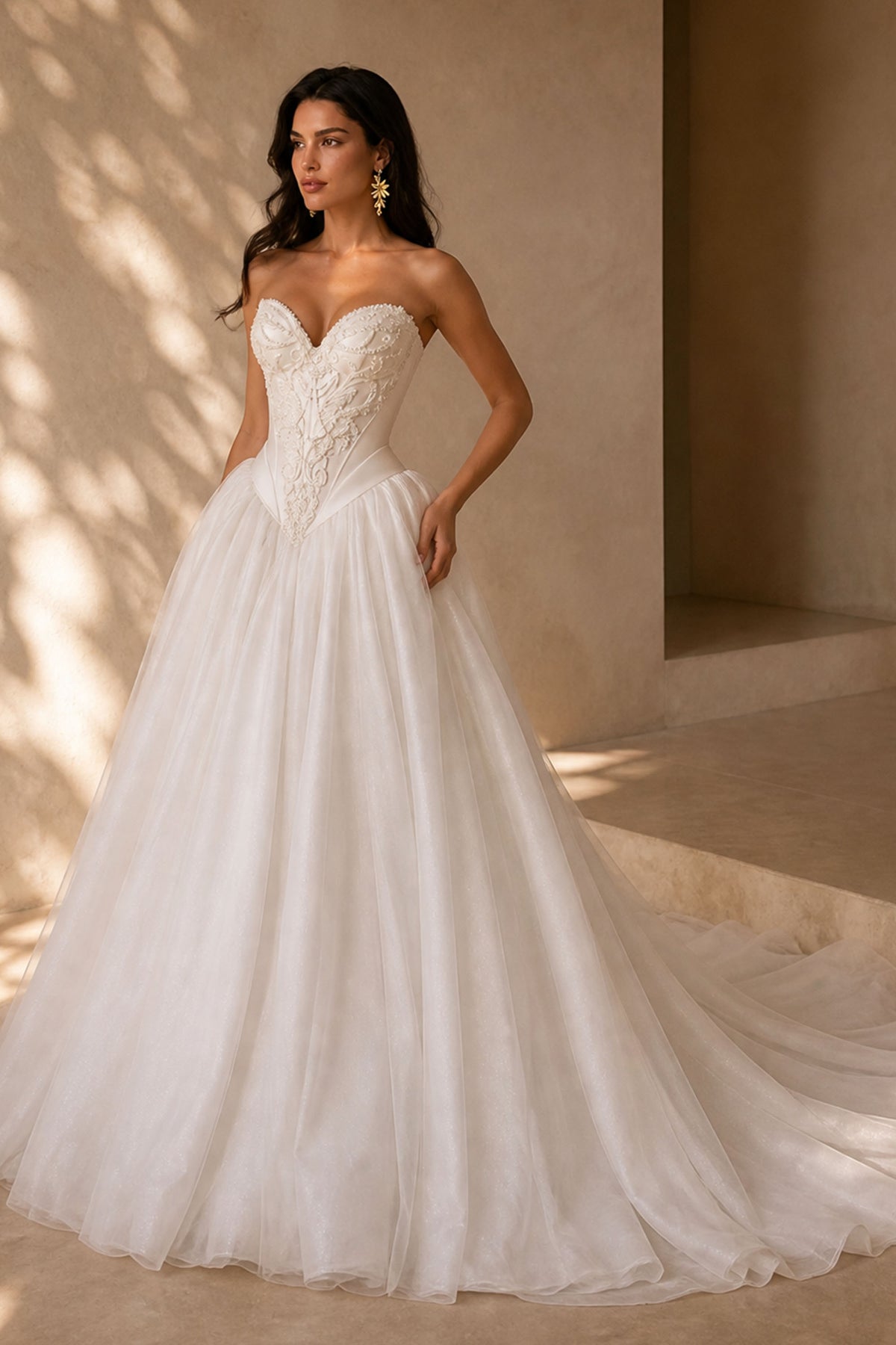 BOLODOO Ivory Lace Corset A-Line Wedding Dress - Three-Quarter Front View with Cathedral Train