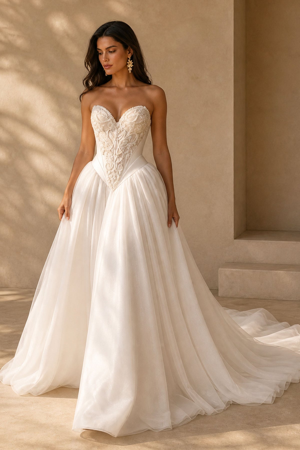 BOLODOO Ivory Princess Ballgown Wedding Dress - Front Close-Up of Pearl Sweetheart Bodice