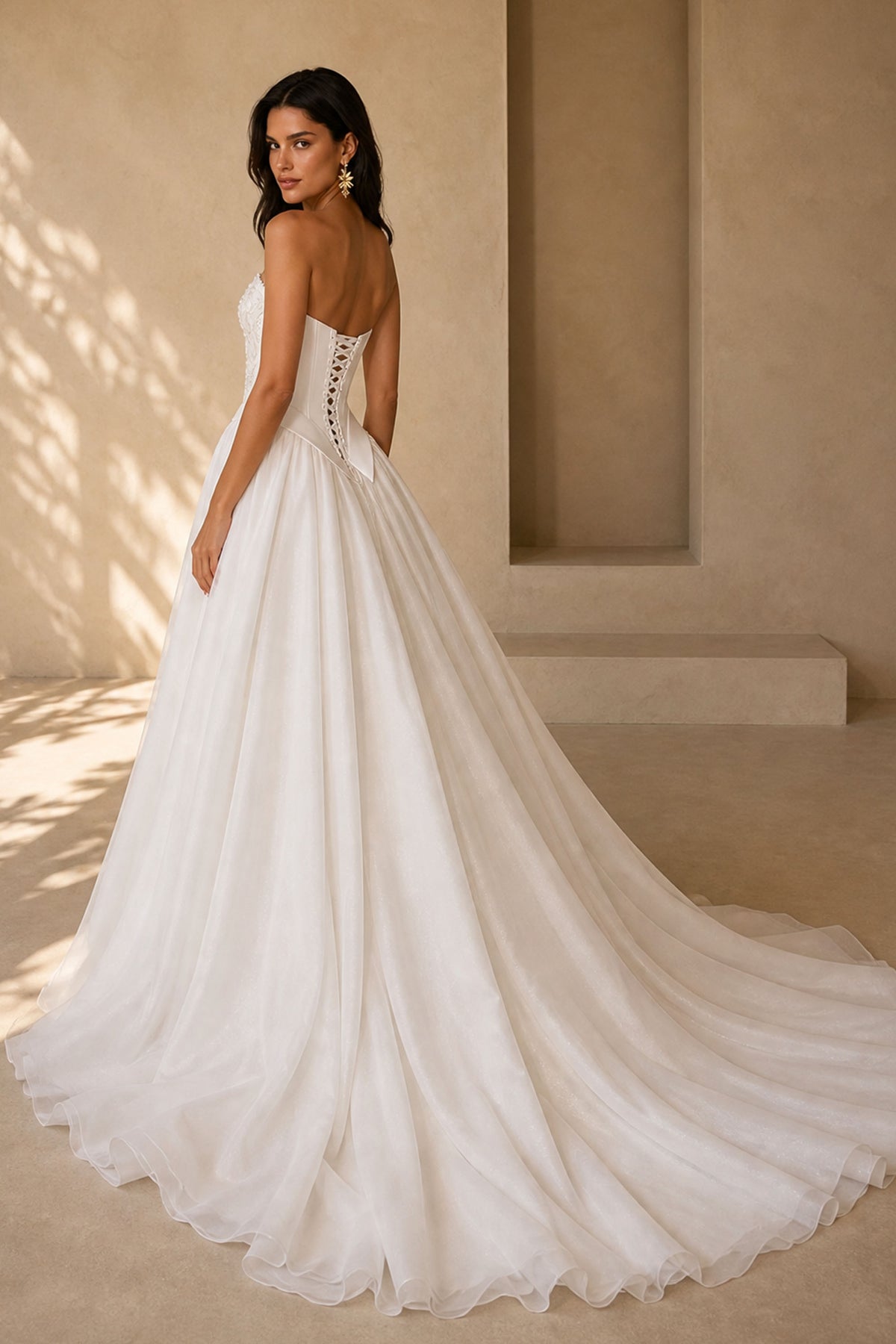 BOLODOO Ivory Strapless Lace Corset Ballgown - Back View Showing Lace-Up Corset and Cathedral Train