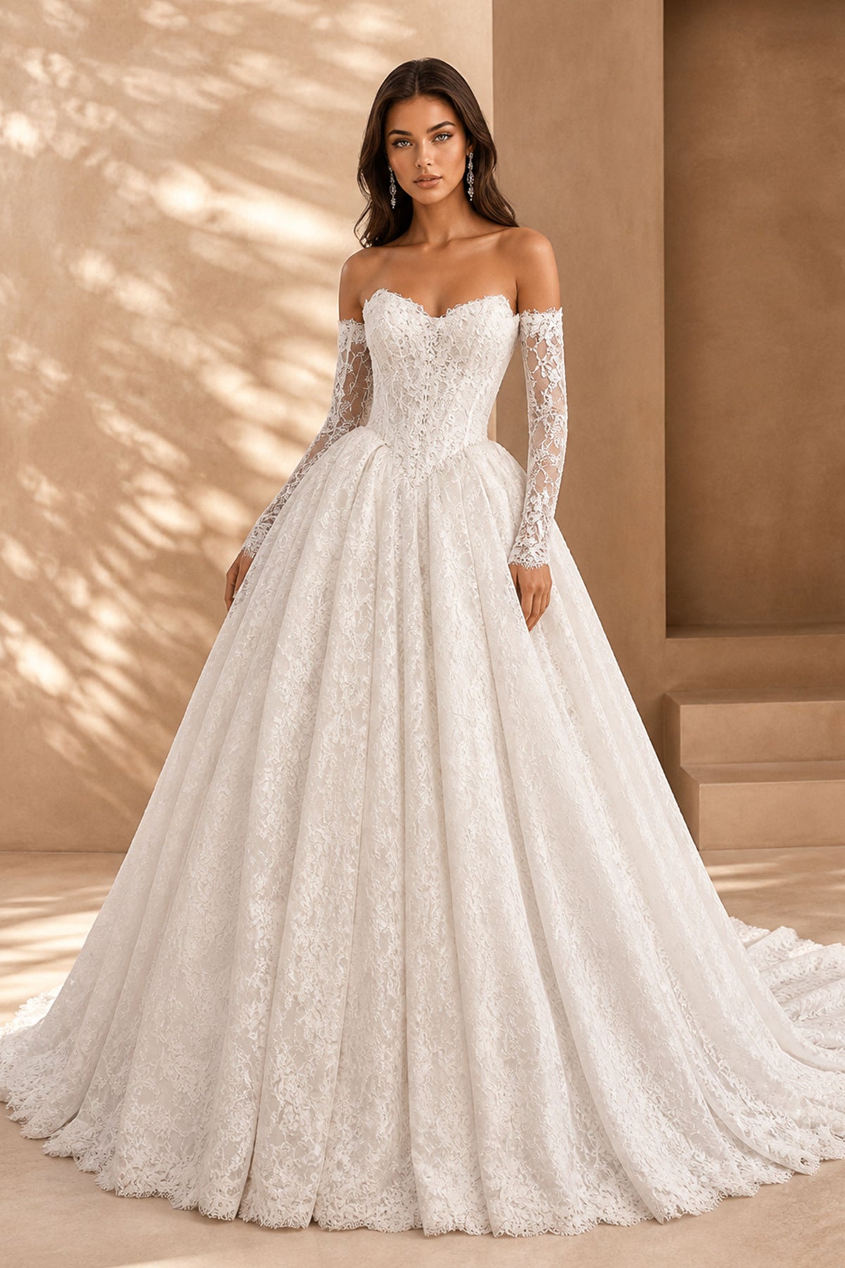 BOLODOO White All-Over Lace Off-Shoulder Long Sleeve Princess Ballgown - Full Front View