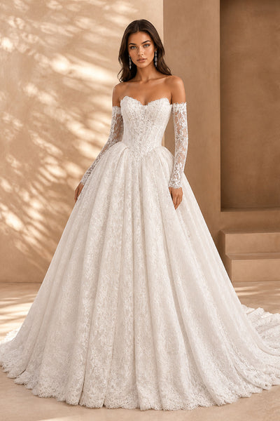 BOLODOO White All-Over Lace Off-Shoulder Long Sleeve Princess Ballgown - Full Front View