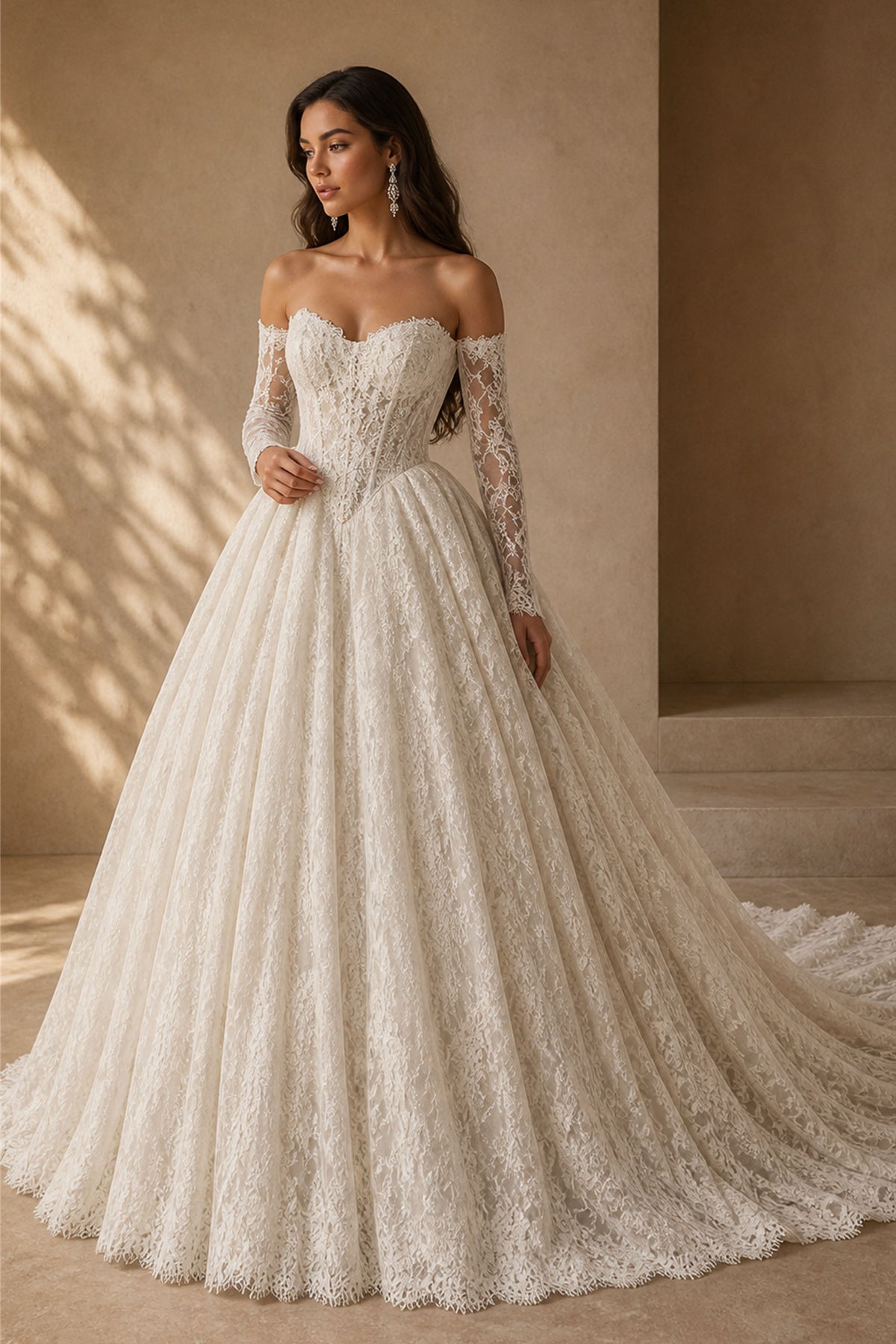 BOLODOO White Lace Off-Shoulder Ballgown Wedding Dress - Three-Quarter Front View Showing Corset Bodice