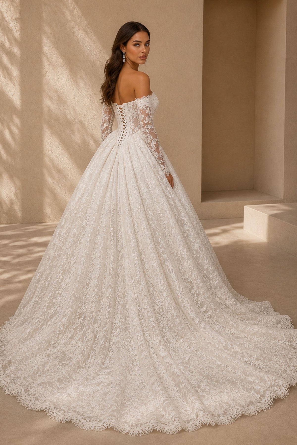 BOLODOO White All-Over Lace Princess Wedding Gown - Back View Showing Lace-Up Corset and Cathedral Train