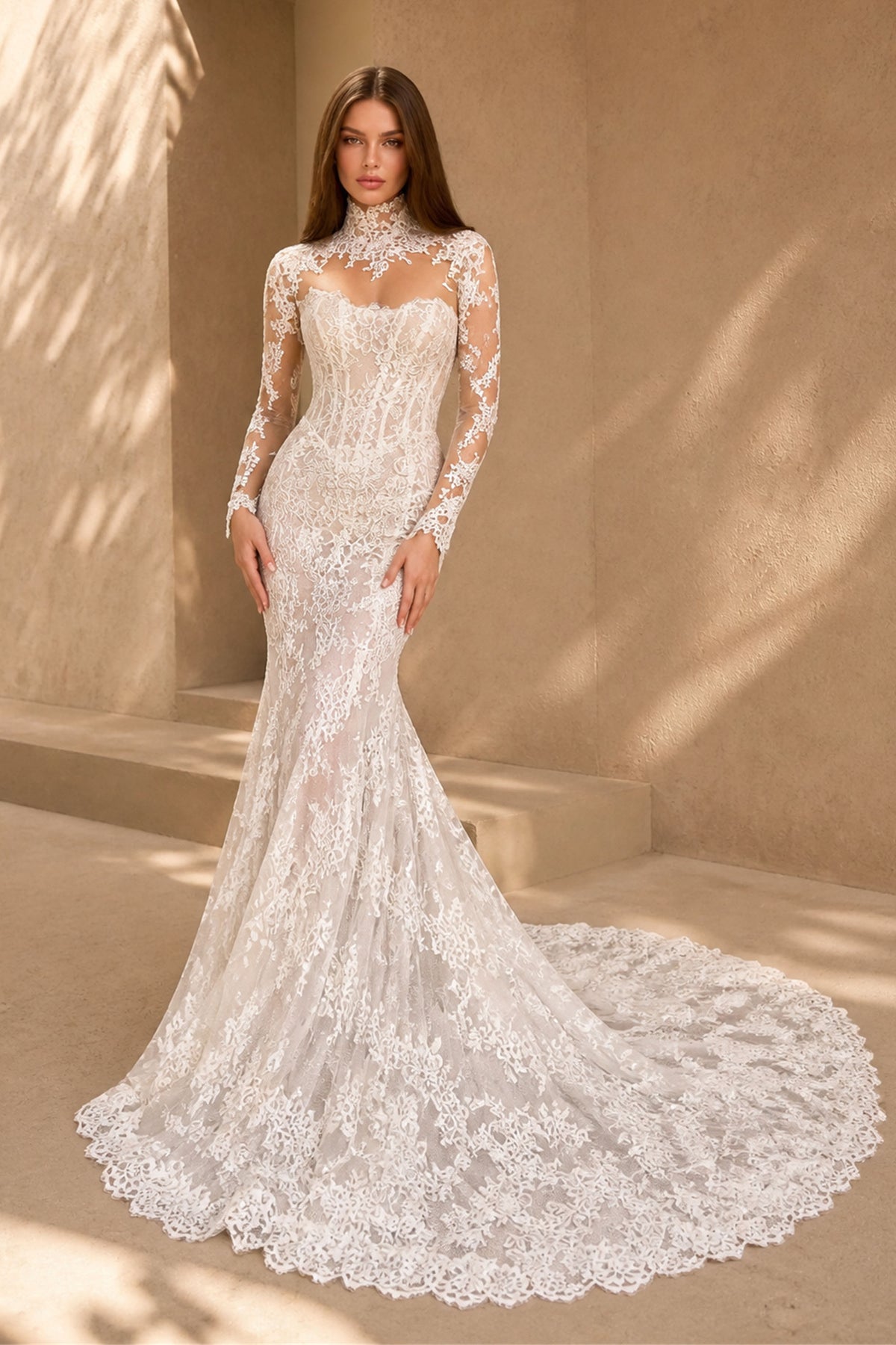 BOLODOO White All-Over Lace Illusion High Neck Long Sleeve Mermaid Wedding Gown - Full Front View