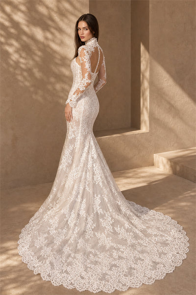 BOLODOO White All-Over Lace Mermaid Wedding Gown - Full Back View Showing Heart Cutout and Cathedral Train