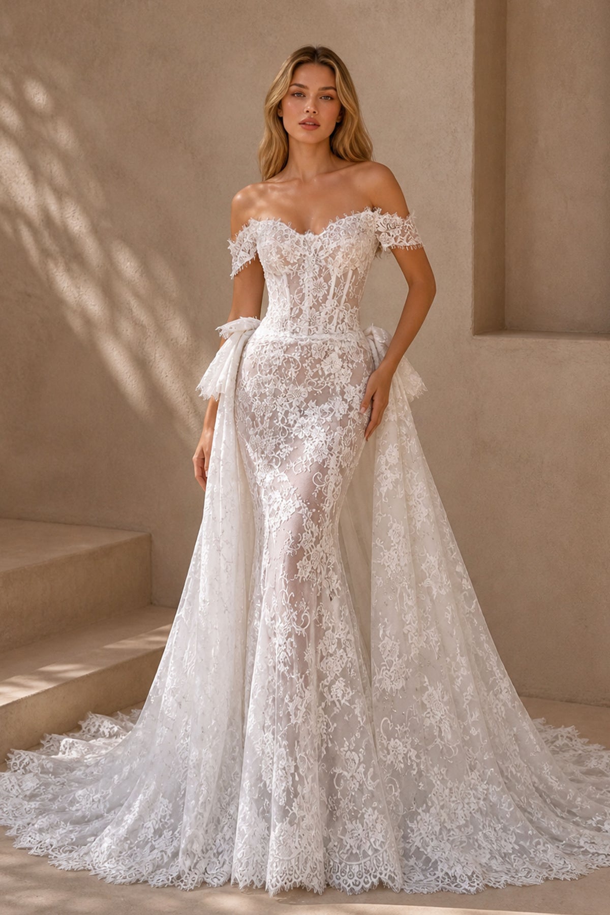 BOLODOO White Lace Off-Shoulder Sweetheart Illusion Corset Mermaid Wedding Gown - Full Front View with Bow Overskirt and Choker