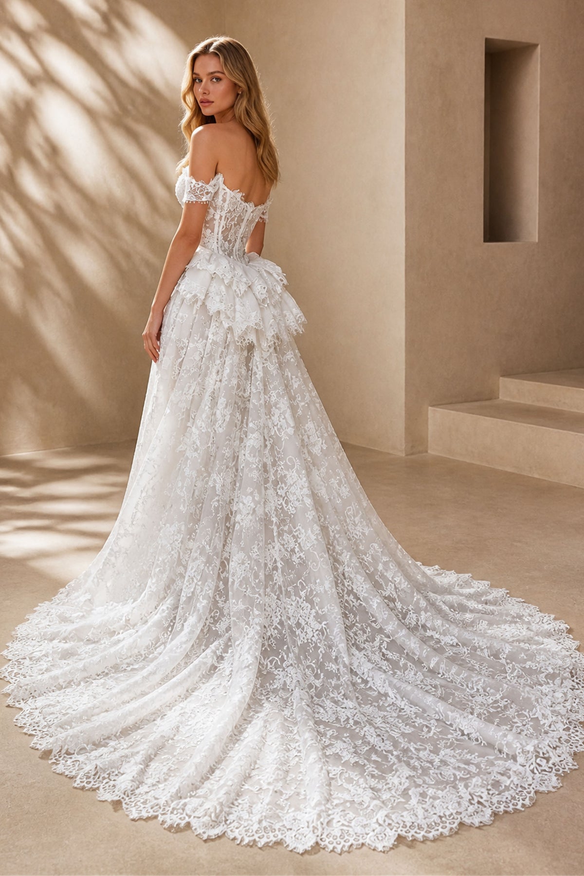 BOLODOO White All-Over Lace Mermaid Wedding Gown - Full Back View Showing Oversized Bow and Cathedral Train