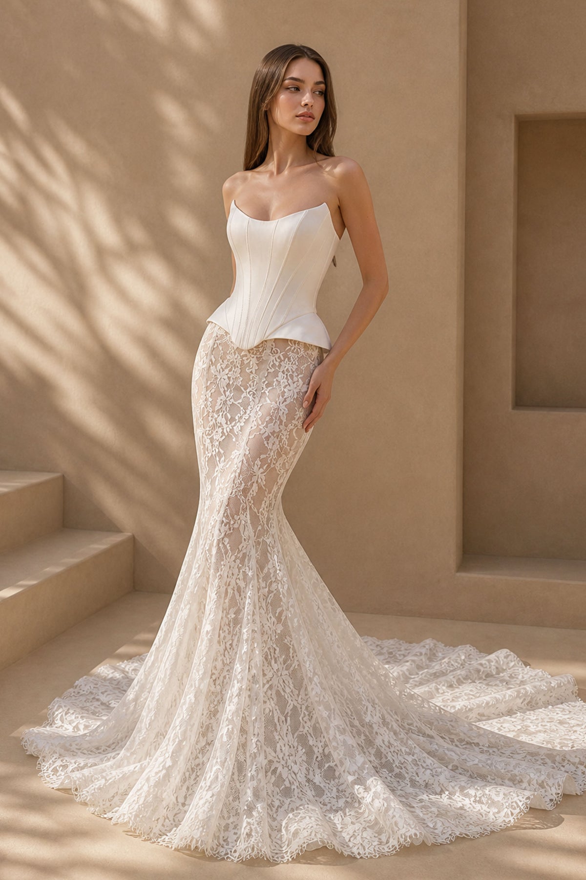BOLODOO Ivory Satin Corset Peplum Wedding Gown with Sheer Lace Mermaid Skirt - Full Front View