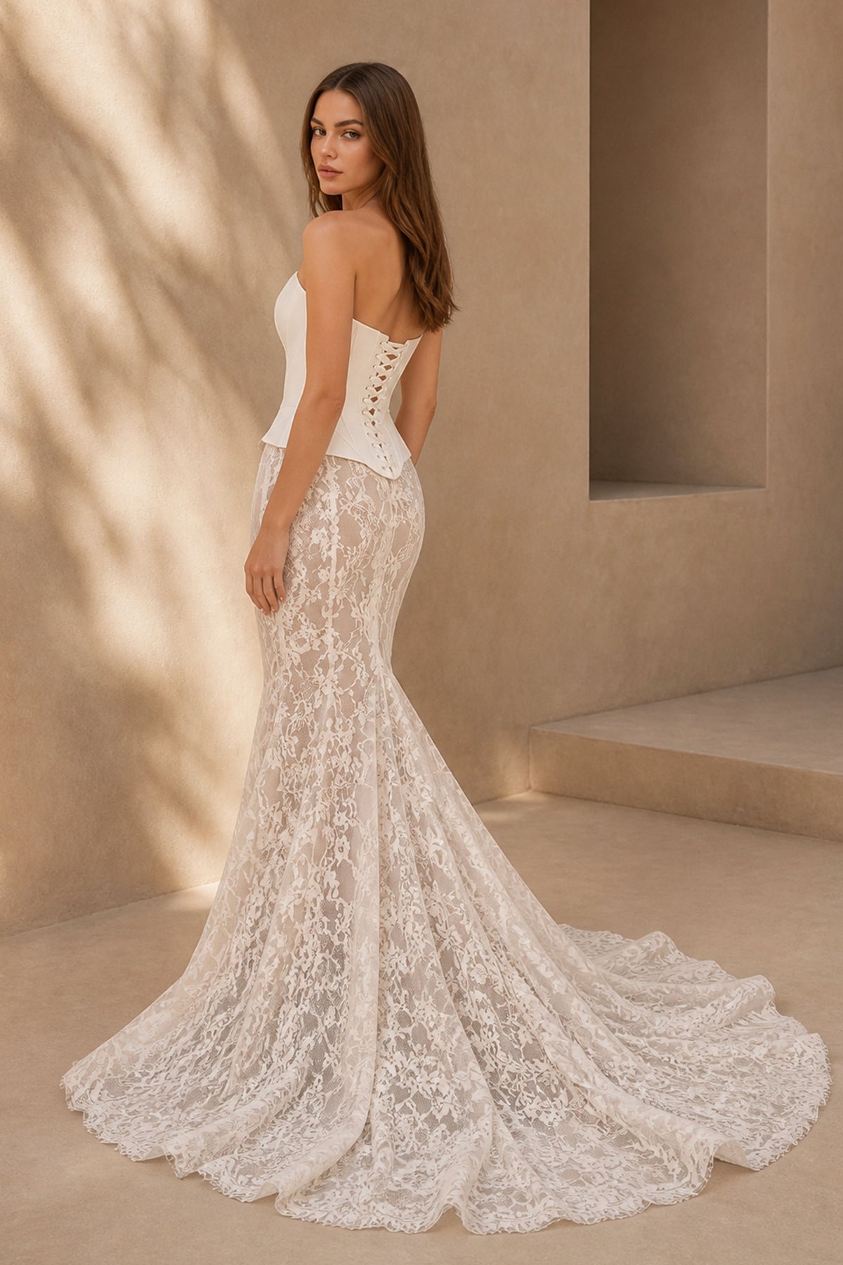 BOLODOO Ivory Strapless Sweetheart Satin Corset Lace Mermaid Wedding Gown - Three-Quarter Front View