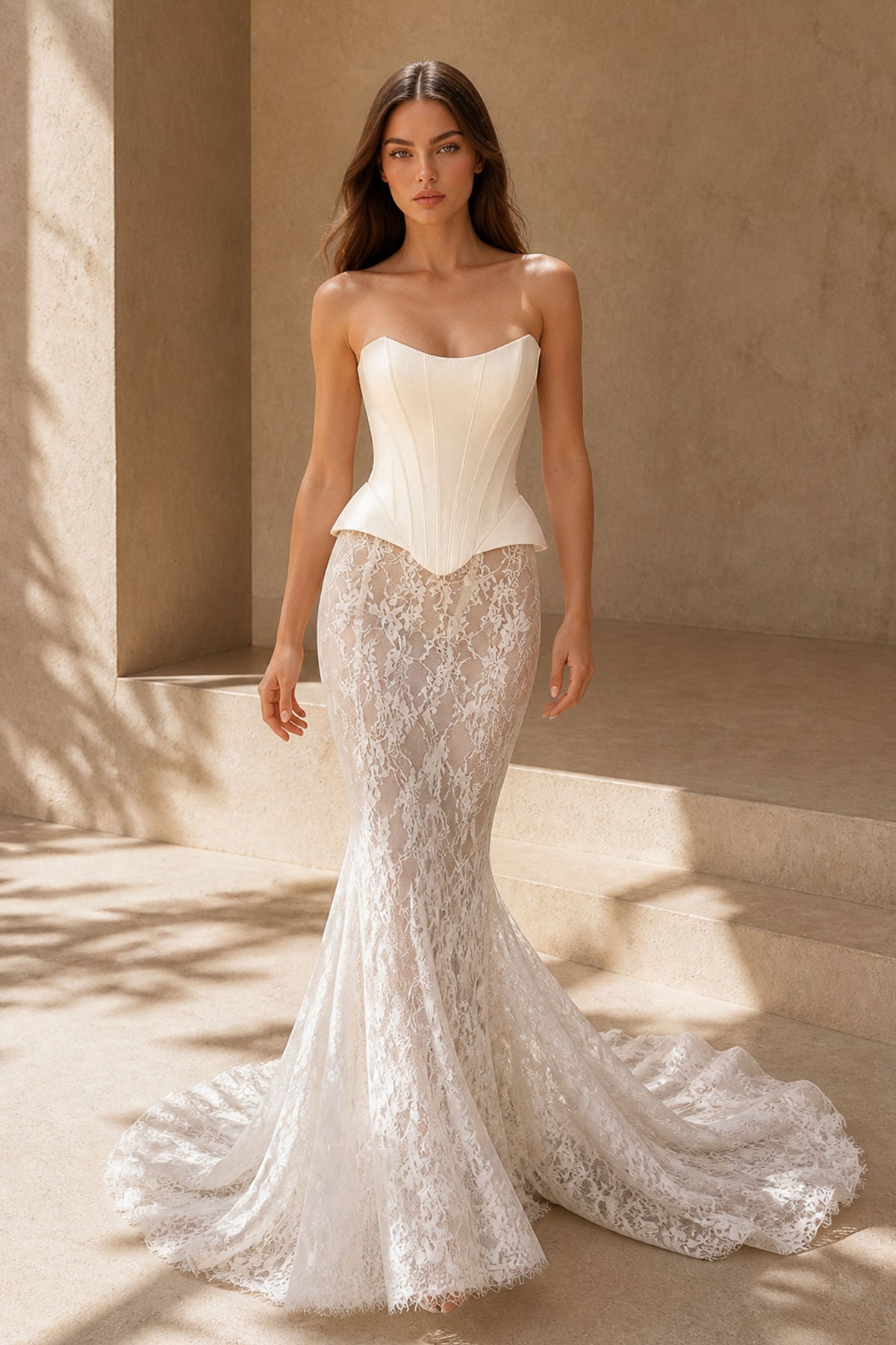 BOLODOO Ivory Satin Corset Peplum Bridal Gown - Back View Showing Lace-Up Corset and Cathedral Train