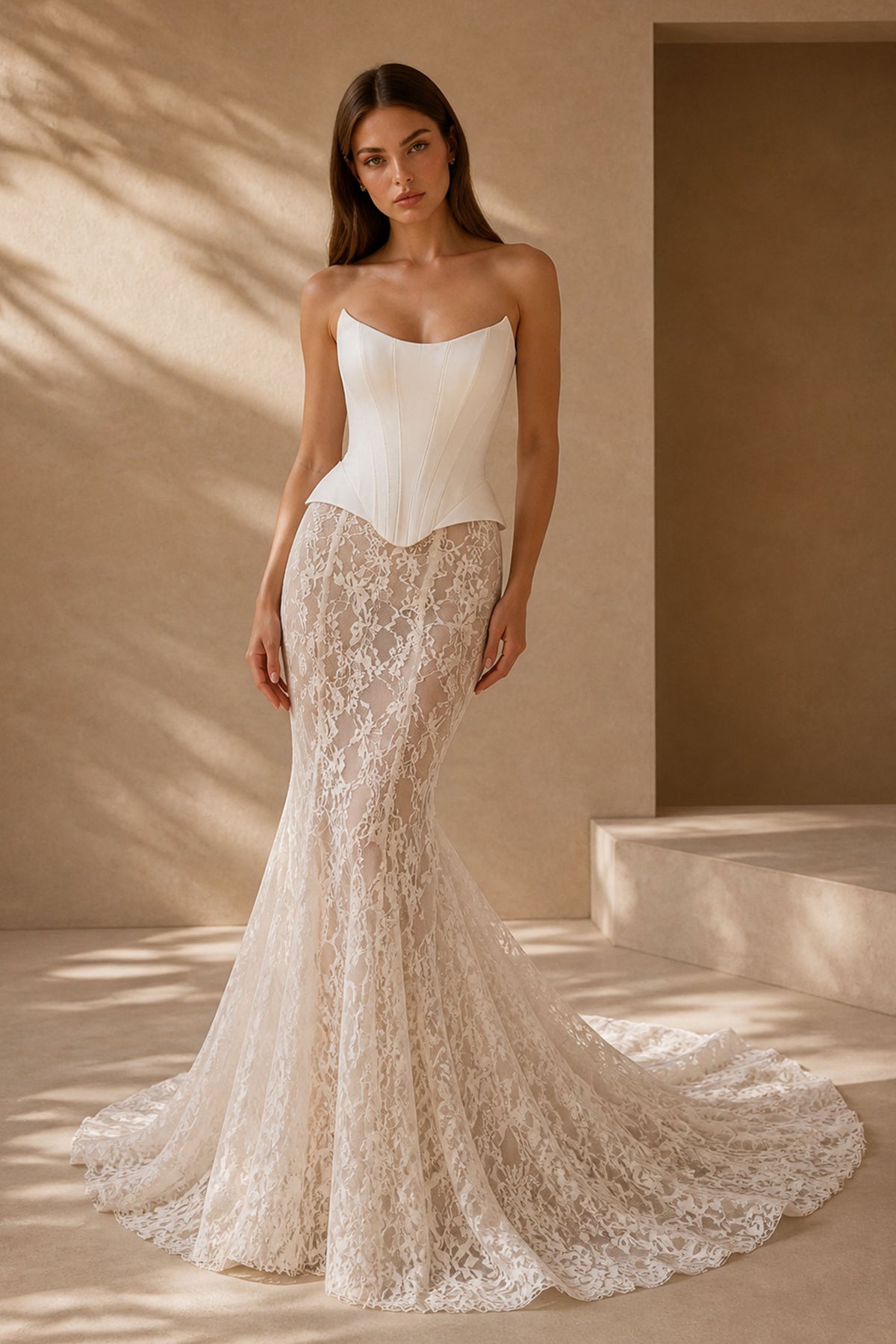 BOLODOO Ivory Satin Corset Sheer Lace Mermaid Wedding Gown - Full Front View with Cathedral Train