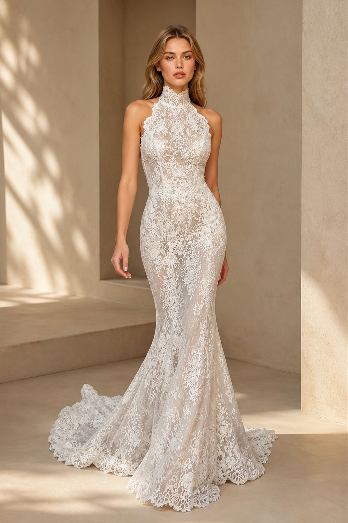 BOLODOO White All-Over Lace Halter High Neck Mermaid Wedding Gown - Full Front View