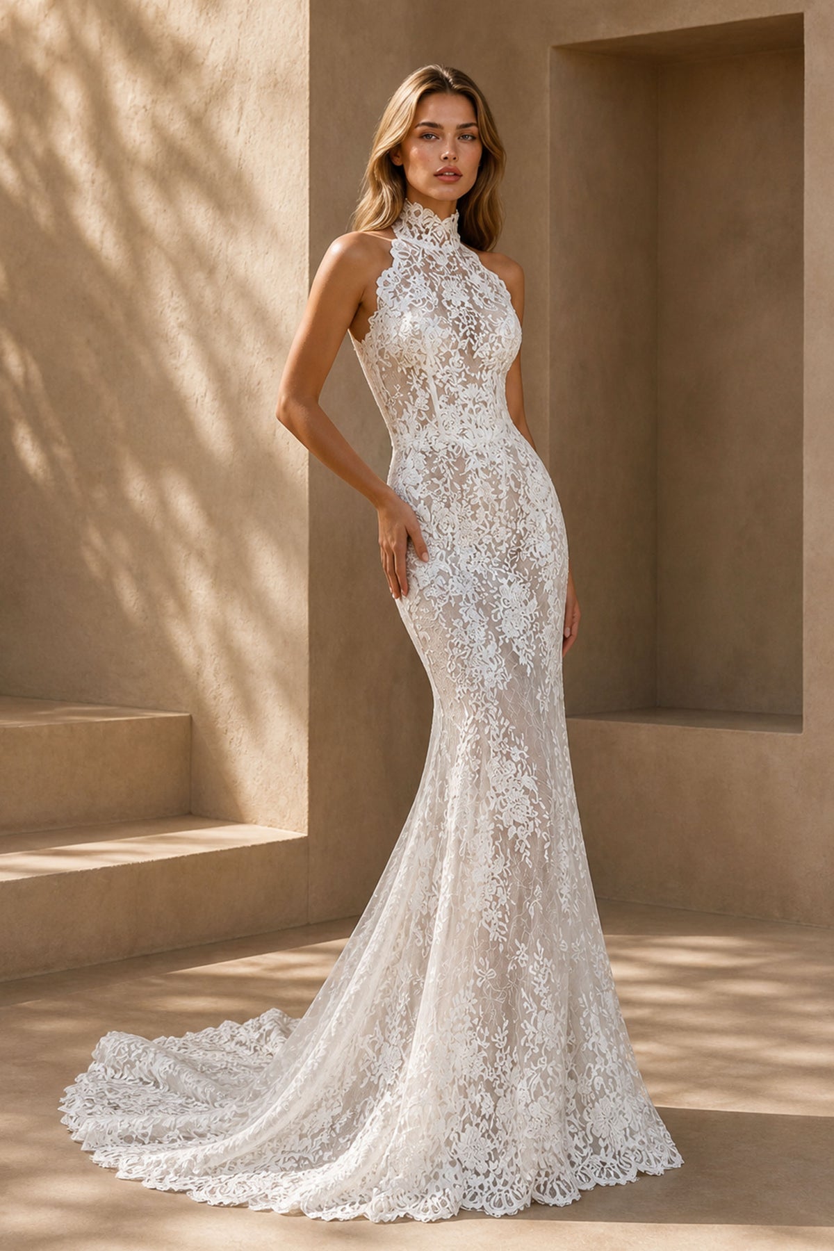 BOLODOO White Lace Halter High Neck Open Back Wedding Gown - Three-Quarter Side View