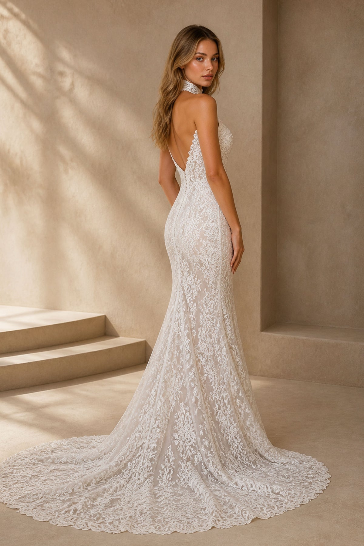 BOLODOO White All-Over Lace Mermaid Wedding Gown - Full Back View Showing Deep Open V-Back and Chapel Train