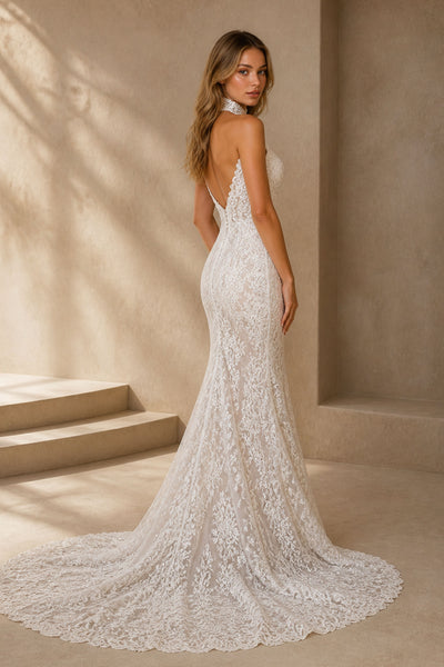 BOLODOO White All-Over Lace Mermaid Wedding Gown - Full Back View Showing Deep Open V-Back and Chapel Train