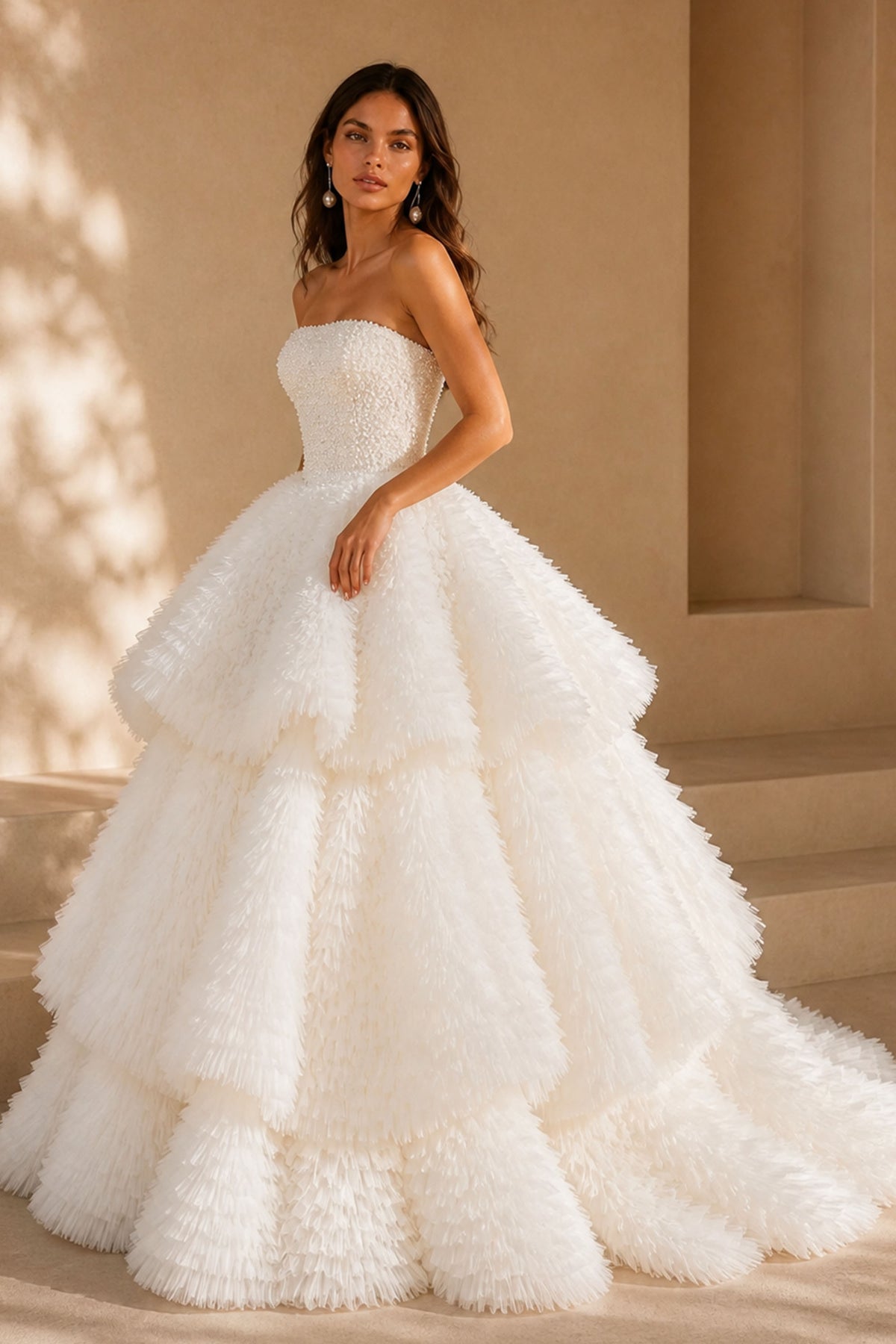 BOLODOO BX0129 White Strapless Beaded Tiered Tulle Mini Bridal Dress – Front View
