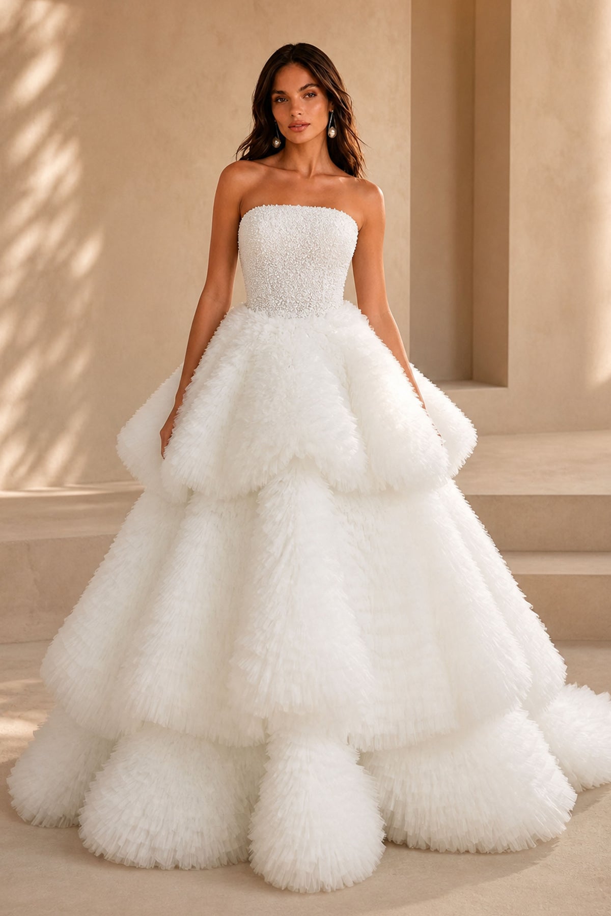 BOLODOO BX0129 White Tiered Tulle Ball Gown Wedding Dress – Front View with Beaded Bodice