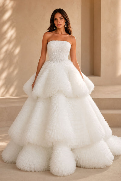 BOLODOO BX0129 White Tiered Tulle Ball Gown Wedding Dress – Front View with Beaded Bodice