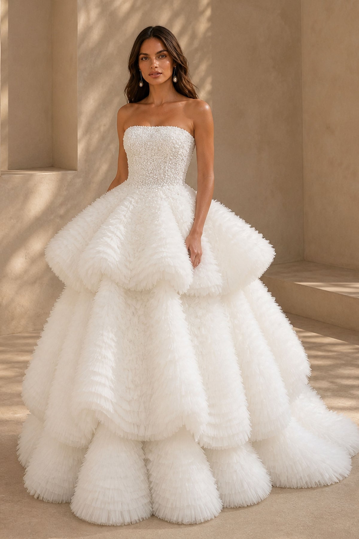 BOLODOO BX0129 White Tiered Tulle Ball Gown – Three-Quarter Side View