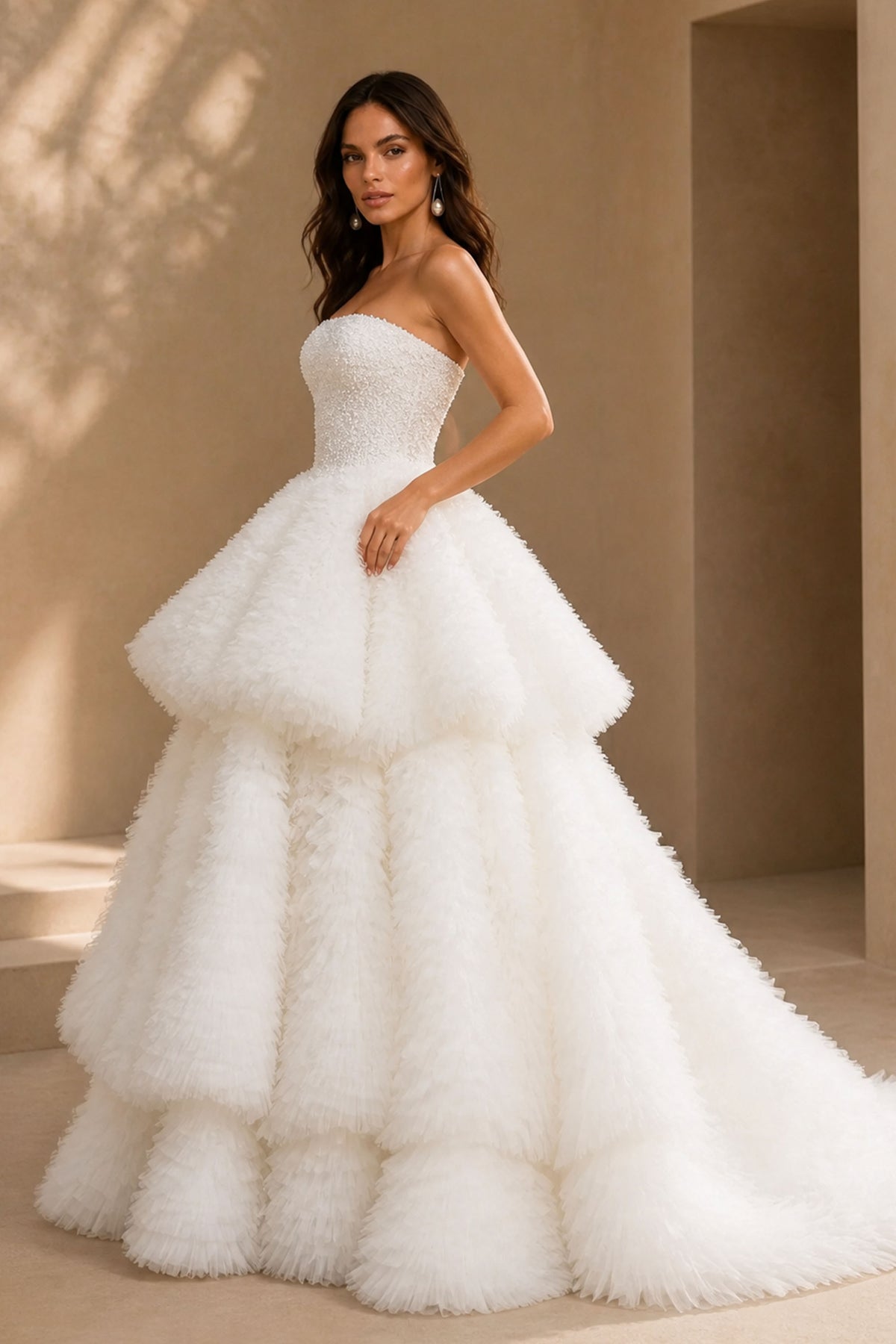 BOLODOO BX0129 White Tiered Tulle Ball Gown – Front Close-Up Bodice Beading Detail