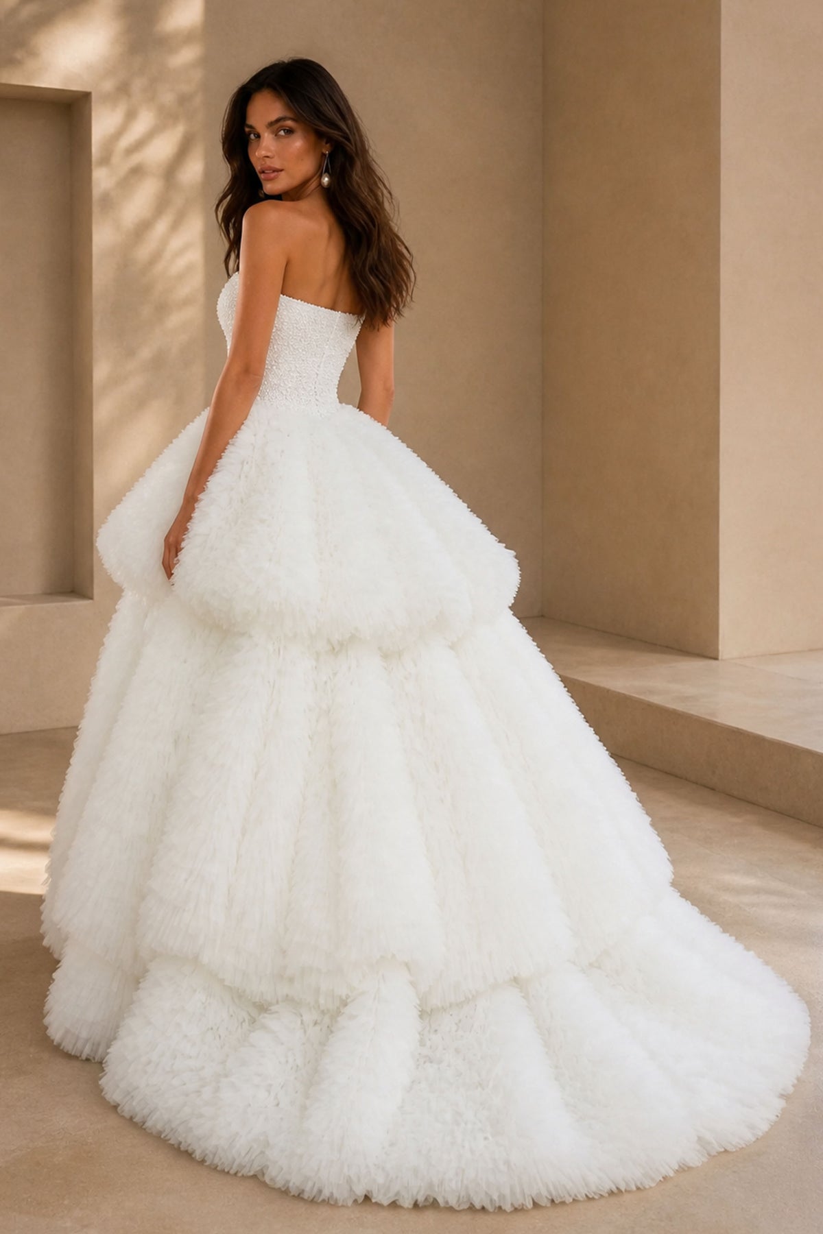 BOLODOO BX0129 White Tiered Tulle Ball Gown – Side Profile View with Sweep Train