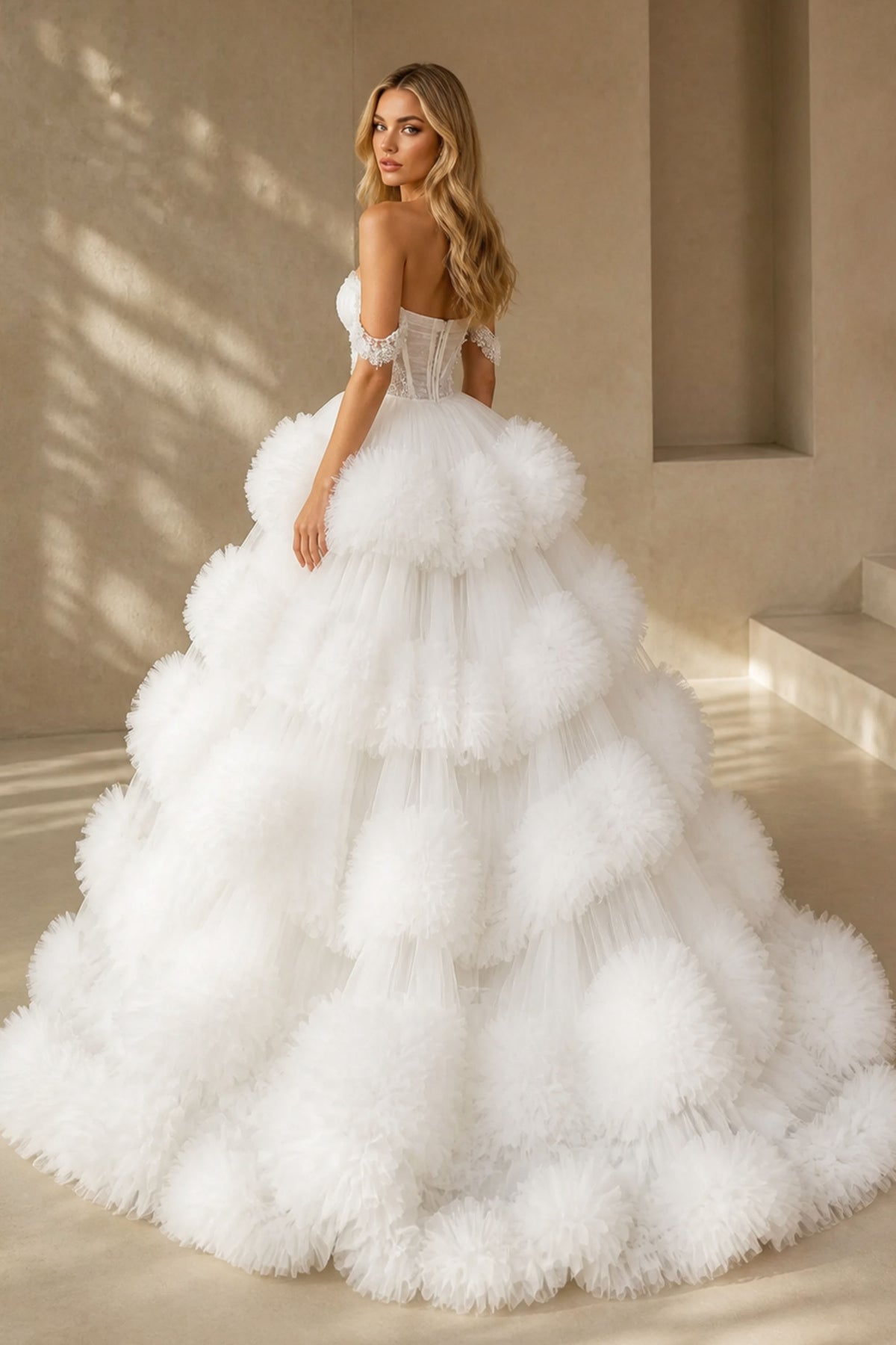 BOLODOO BX0130 White Off-Shoulder Sweetheart Tiered Tulle Ball Gown – Front Close-Up Bodice Detail