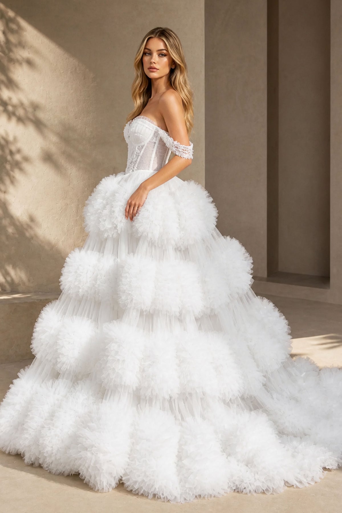 BOLODOO BX0130 White Tiered Tulle Ball Gown Wedding Dress – Front Full-Length View