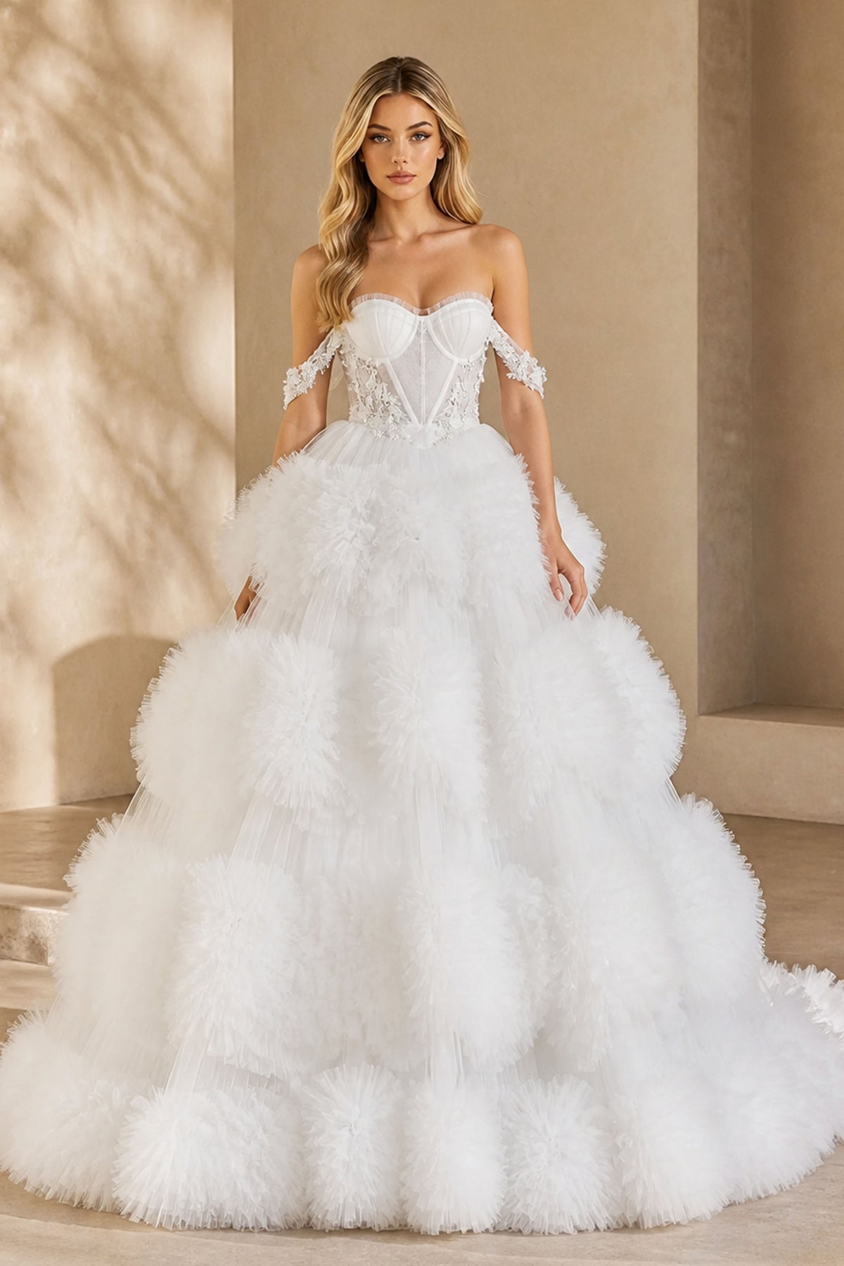 BOLODOO BX0130 White Tiered Tulle Ball Gown – Back View Showing Open Back and Cathedral Train