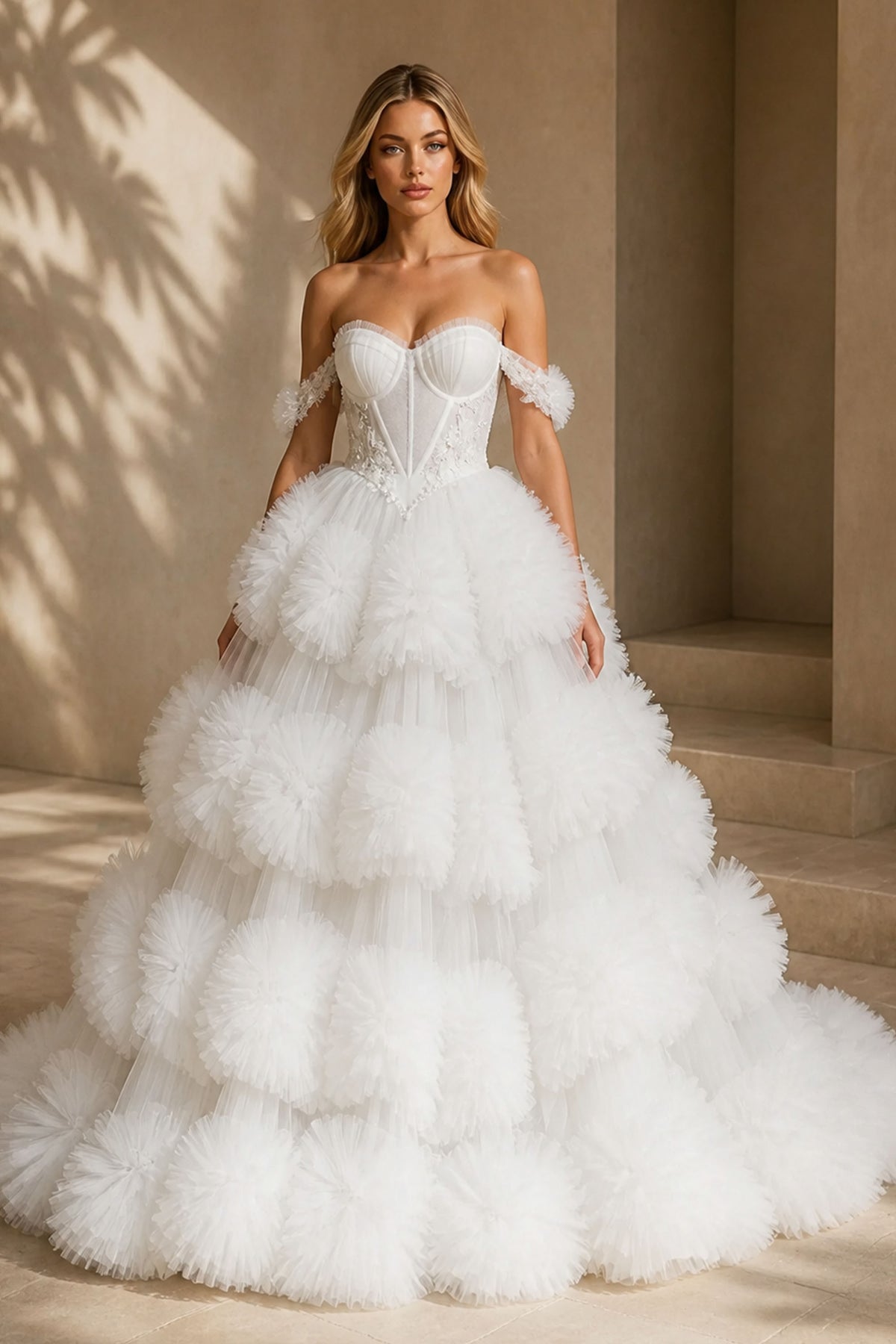 BOLODOO BX0130 White Off-Shoulder Ball Gown – Three-Quarter Side Front View