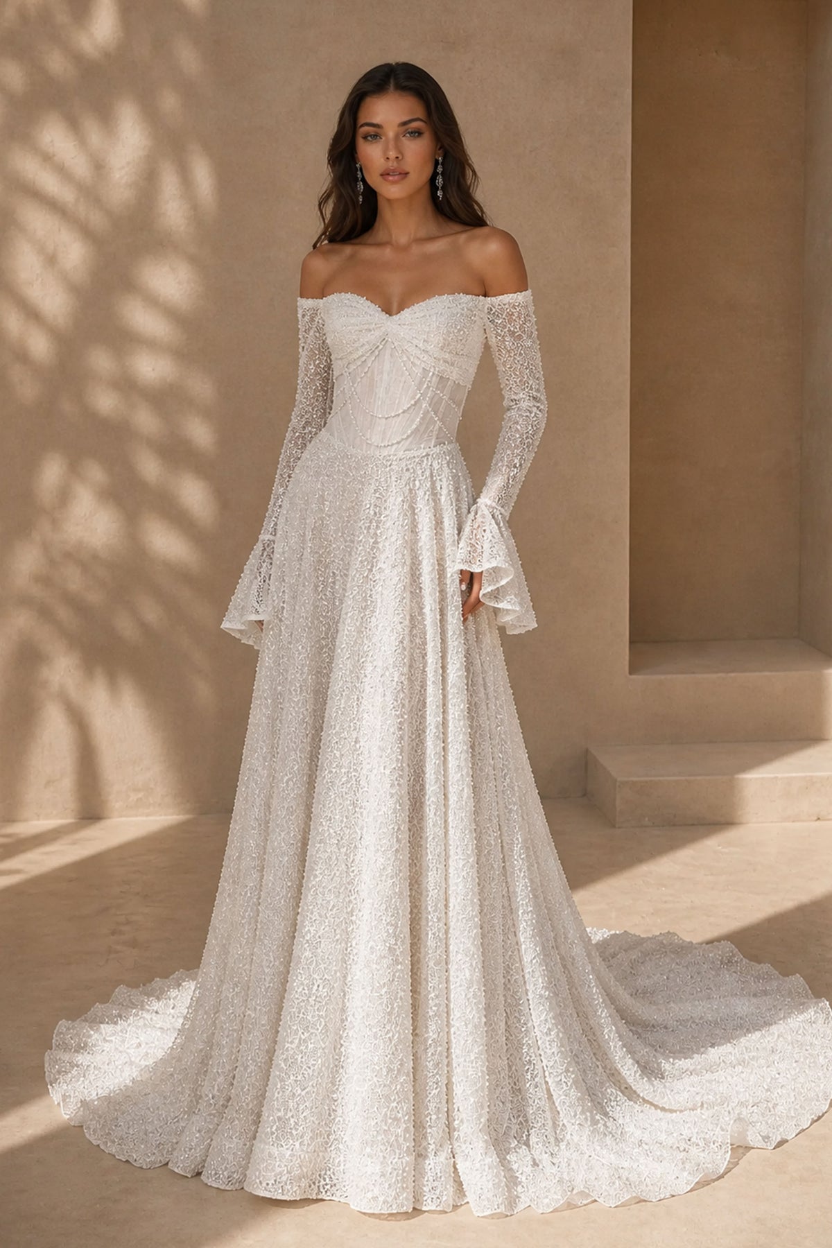 BOLODOO BX0131 Ivory Off-Shoulder Bell Sleeve Glitter Lace A-Line Wedding Dress – Three-Quarter Front View