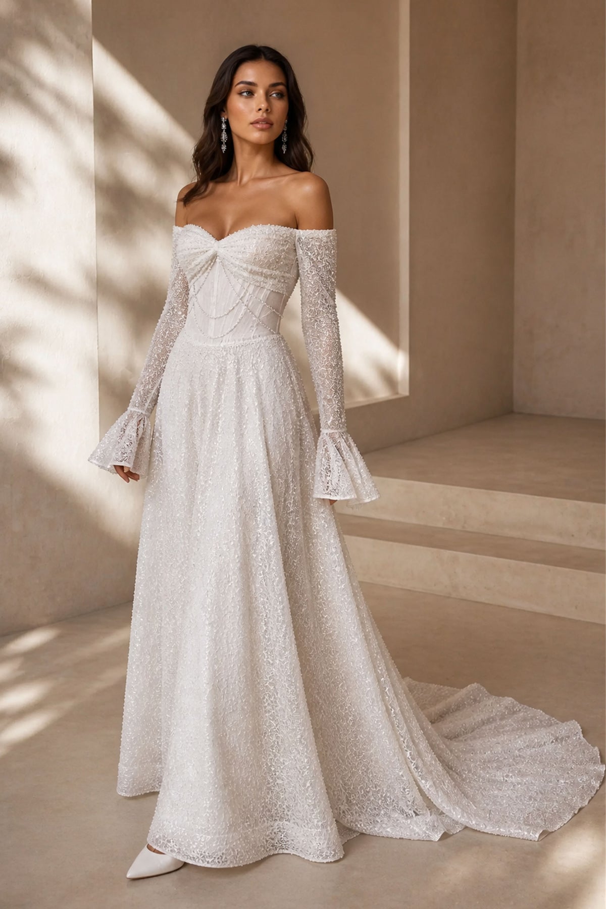 BOLODOO BX0131 Ivory Glitter Lace A-Line Bridal Gown – Front Full-Length View