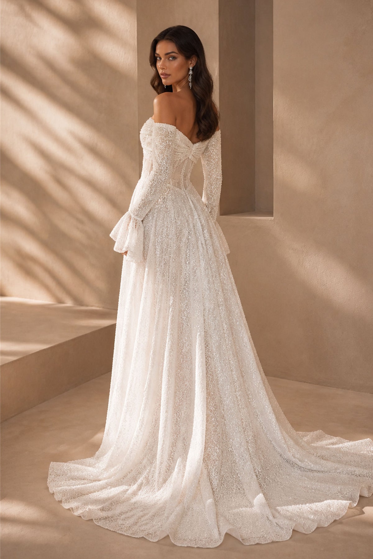 BOLODOO BX0131 Ivory Glitter Lace A-Line Wedding Dress – Back View Showing Open Back and Cathedral Train
