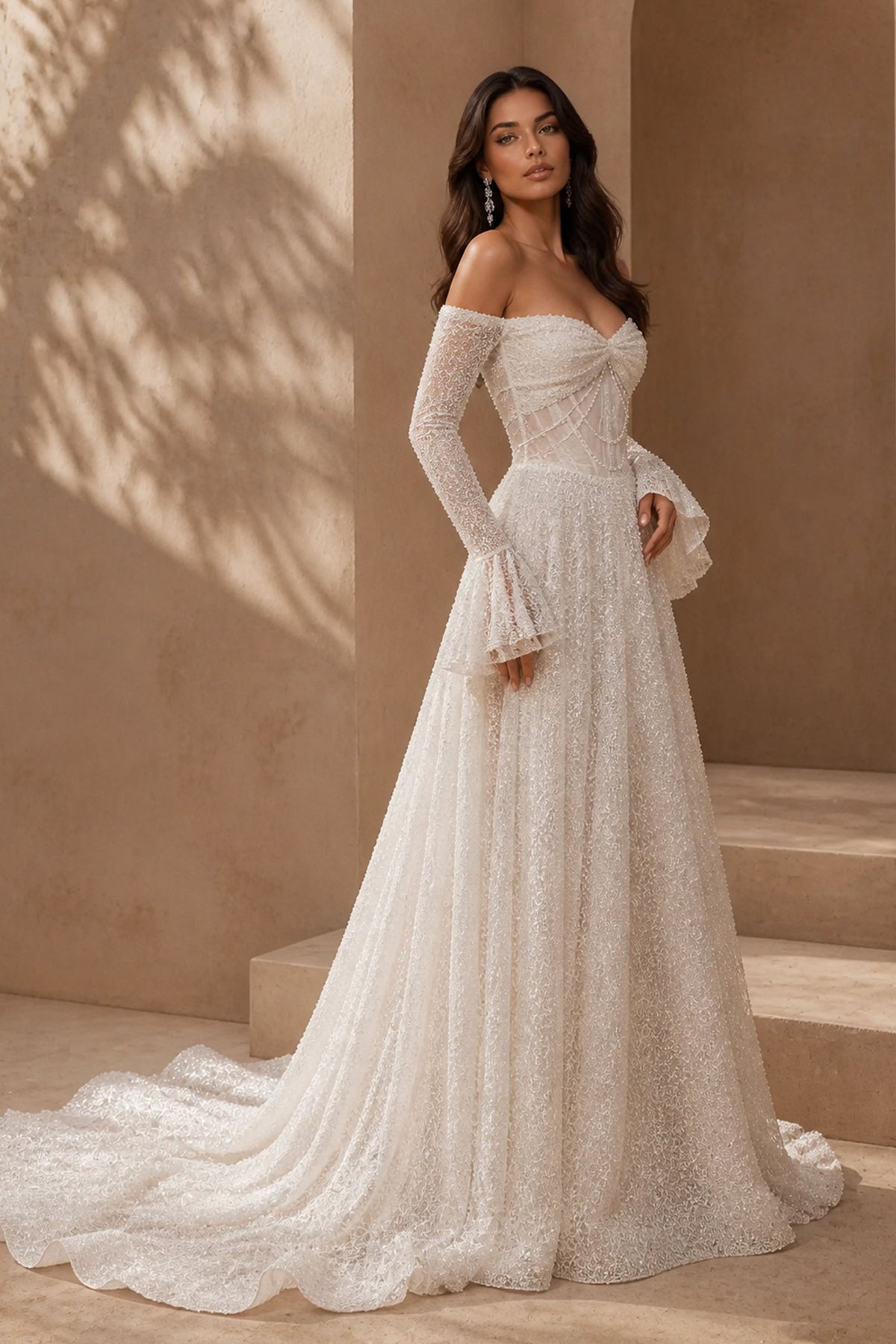 BOLODOO BX0131 Ivory Off-Shoulder Bell Sleeve Wedding Dress – Front Close-Up Bodice and Sleeve Detail