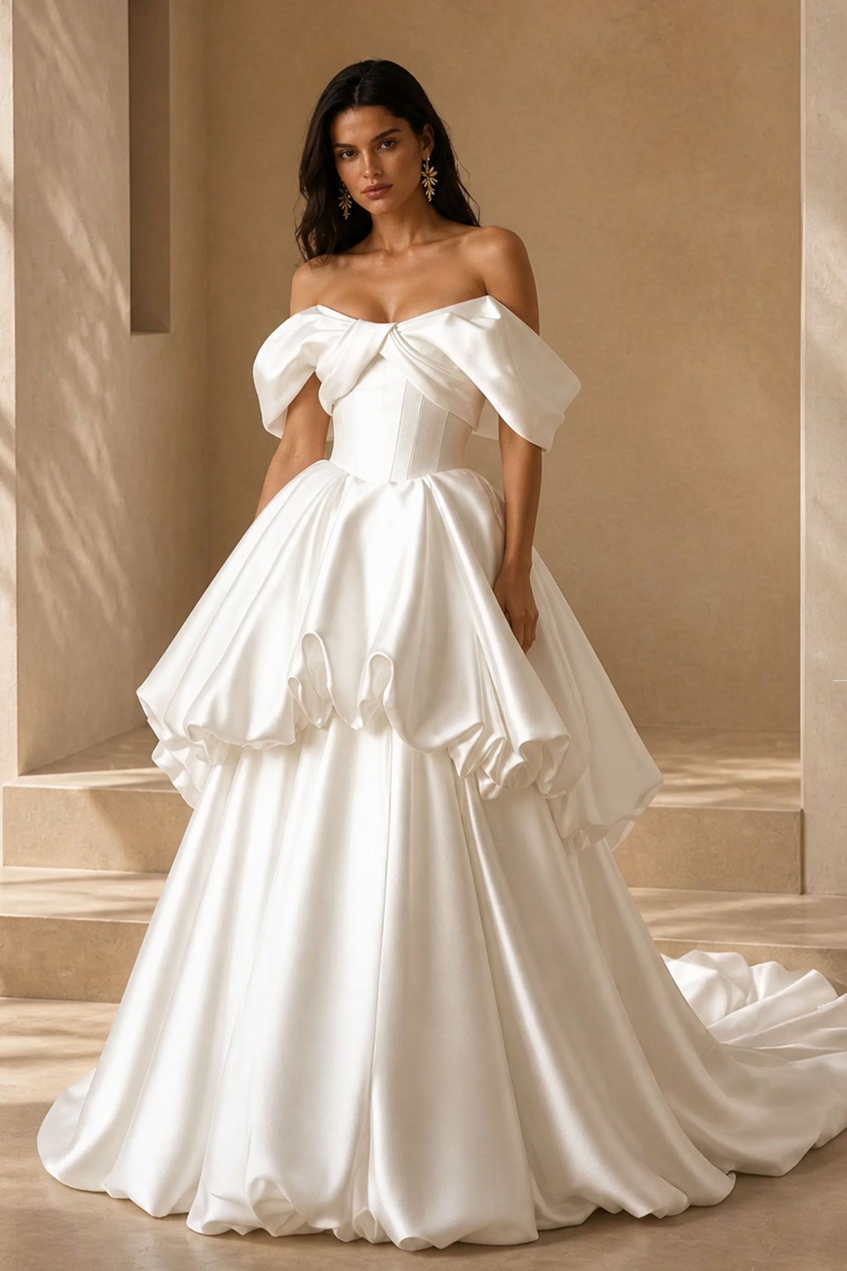 BOLODOO BX0132 Ivory Satin Bubble Skirt Wedding Dress – Three-Quarter Side Front View