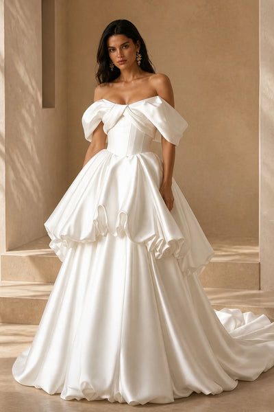 BOLODOO BX0132 Ivory Satin Bubble Skirt Wedding Dress – Three-Quarter Side Front View