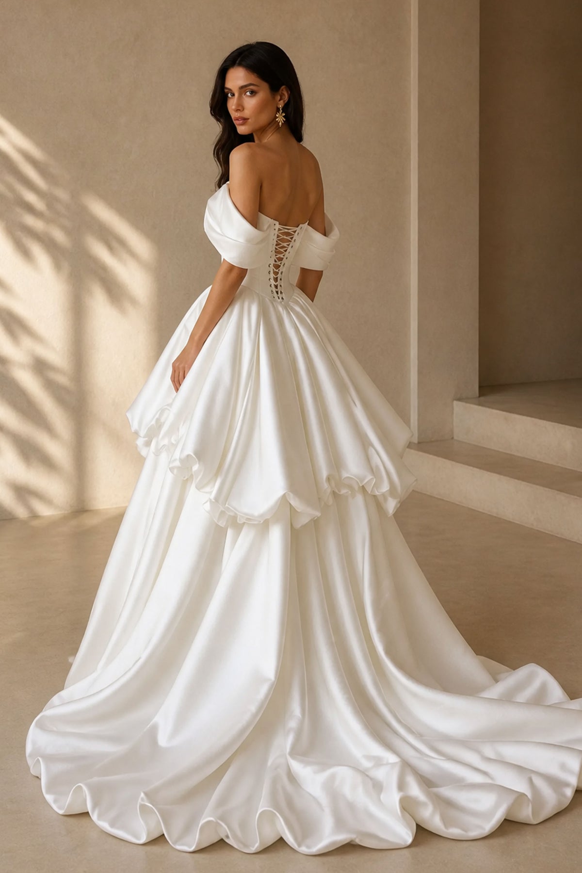 BOLODOO BX0132 Ivory Satin Bubble Ball Gown – Back View Showing Lace-Up Corset Back and Cathedral Train