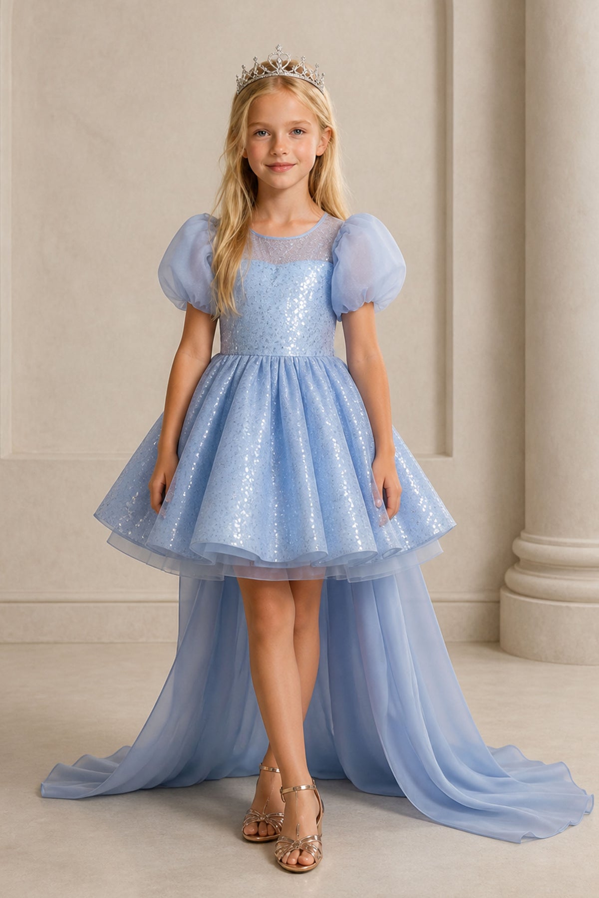 Girls Sky Blue Sequin Puff Sleeve Hi-Lo Pageant Dress - Front Full Length View
