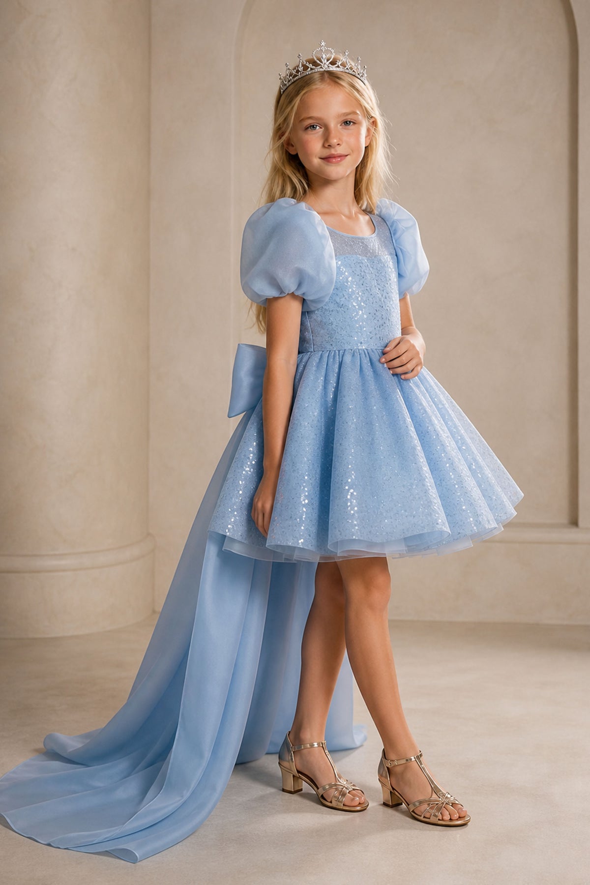 Girls Sky Blue Sequin Puff Sleeve Hi-Lo Pageant Dress - Side View with Train