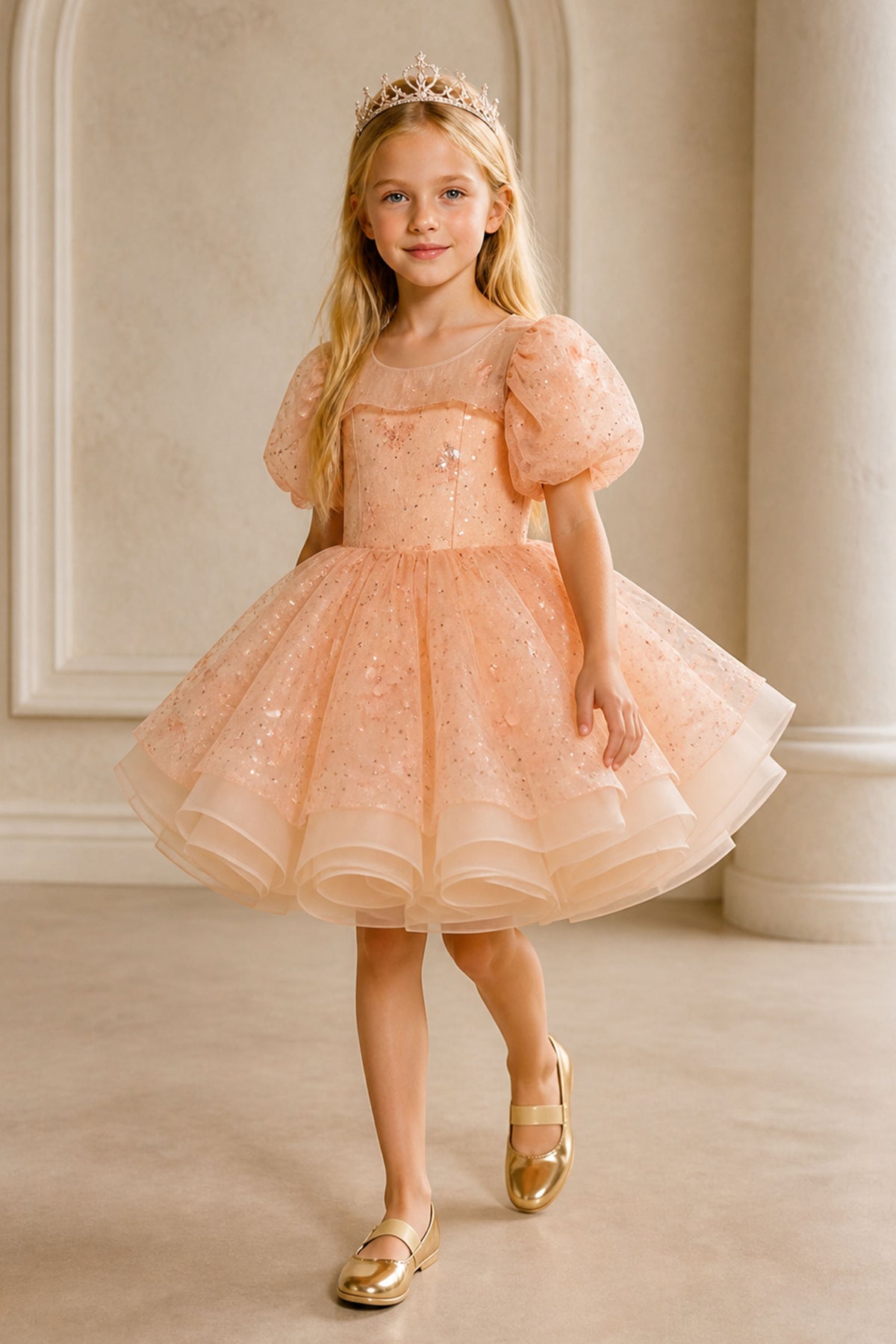 Girls Rose Gold Glitter Tulle Puff Sleeve Pageant Dress - Front Full Length View
