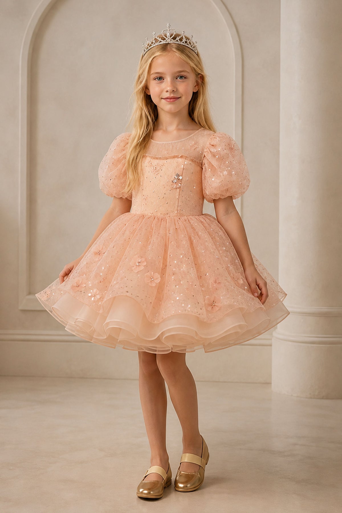 Girls Rose Gold Glitter Tulle Puff Sleeve Pageant Dress - Back Side View Open V Back