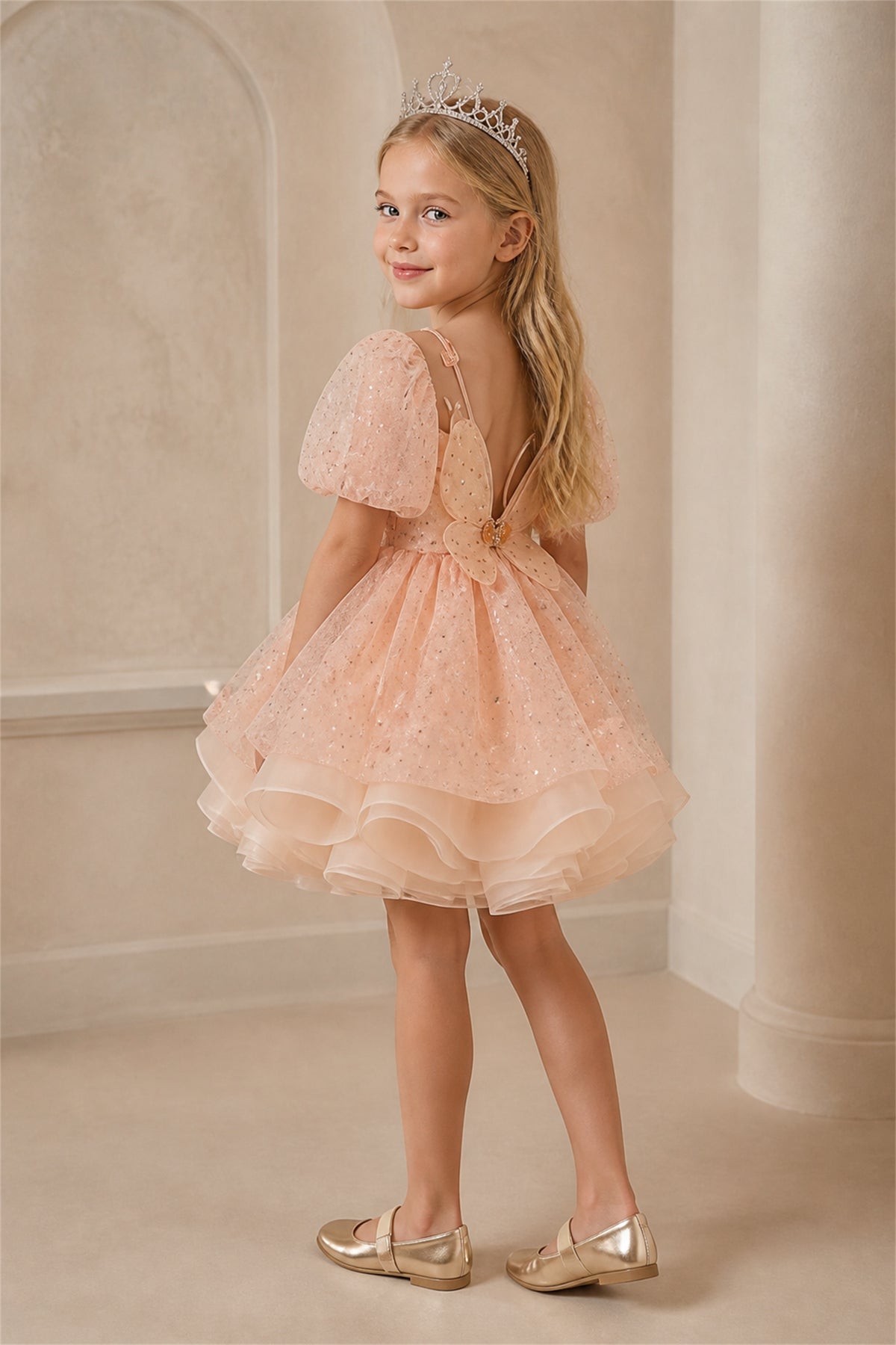 Girls Rose Gold Glitter Tulle Puff Sleeve Pageant Dress - Front Full Length Dynamic Pose