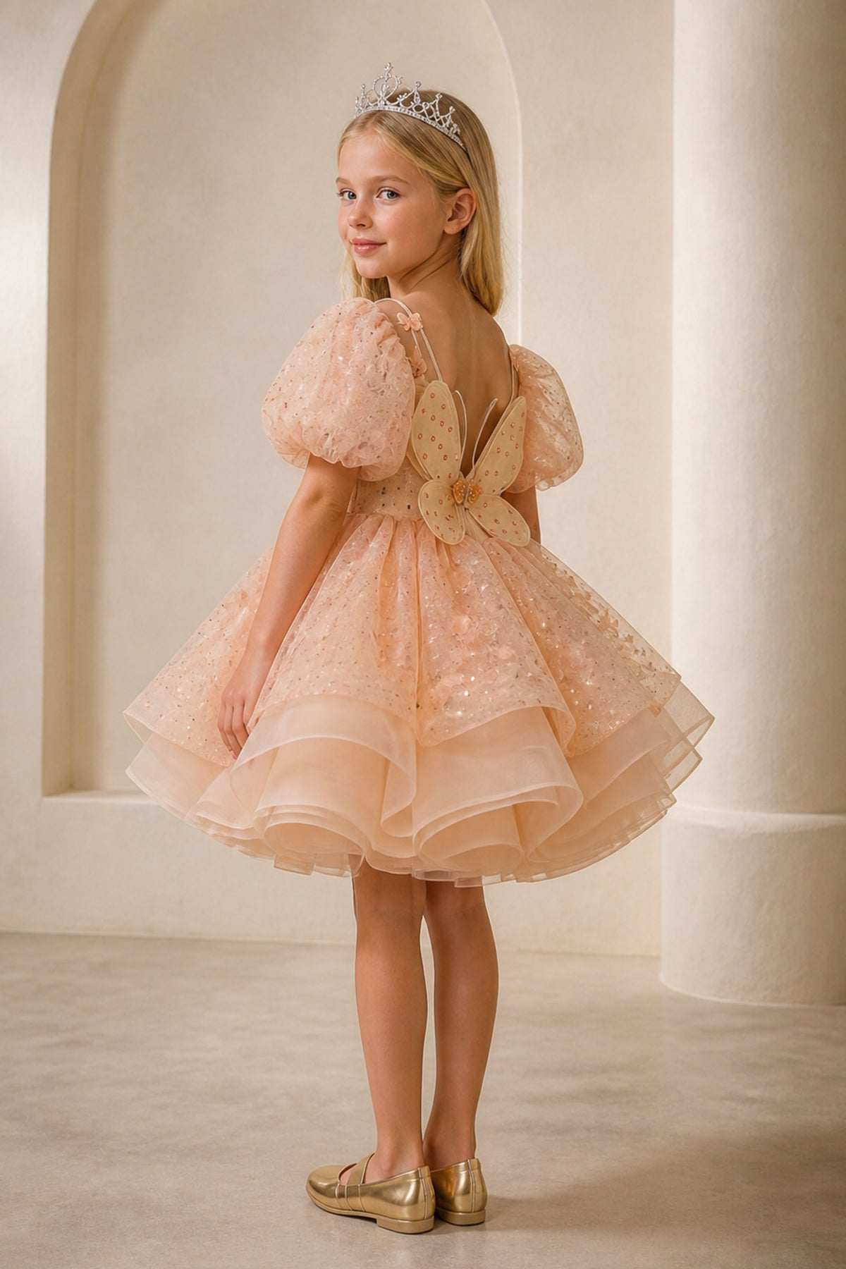 Girls Rose Gold Glitter Tulle Puff Sleeve Pageant Dress - Front Another Angle