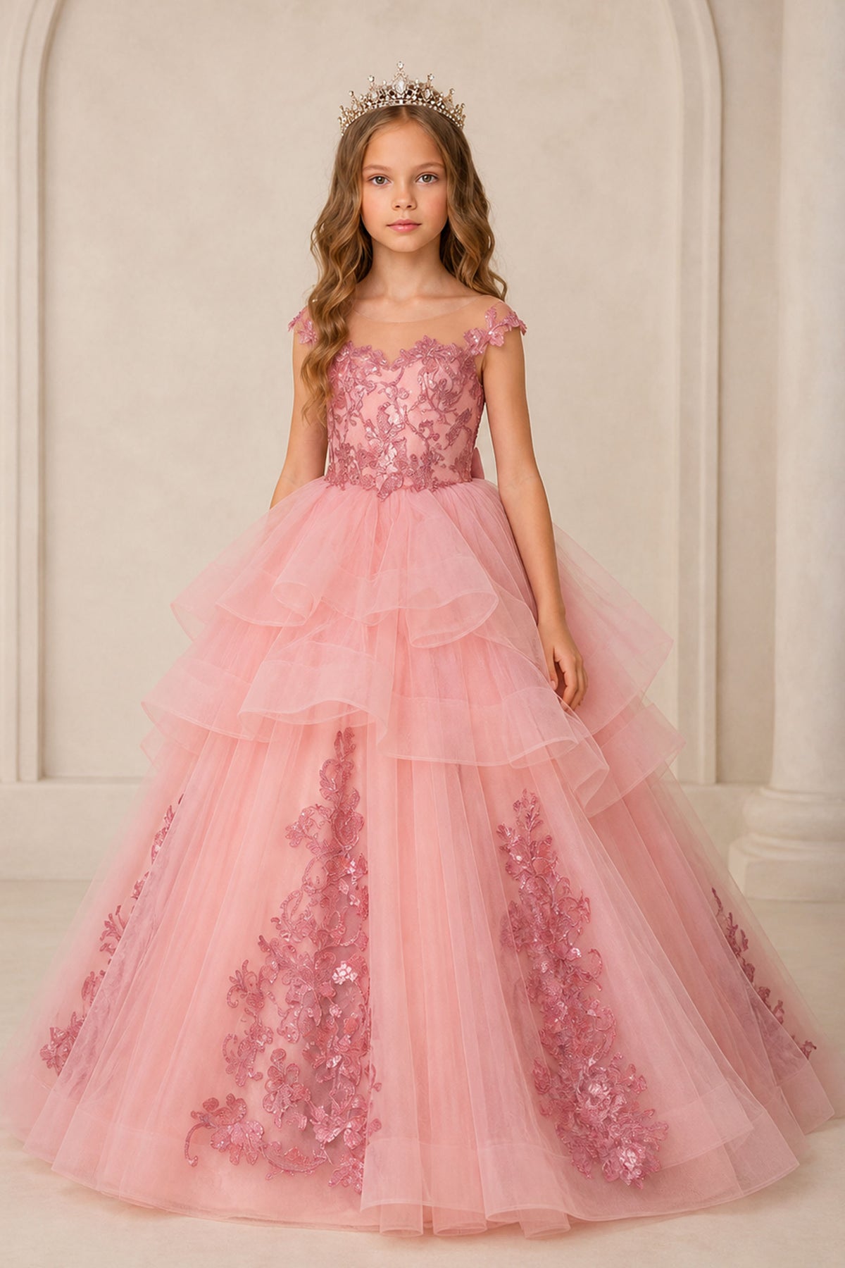 Girls Dusty Pink Floral Lace Off-Shoulder Ball Gown - Front Side View Showing Skirt Volume