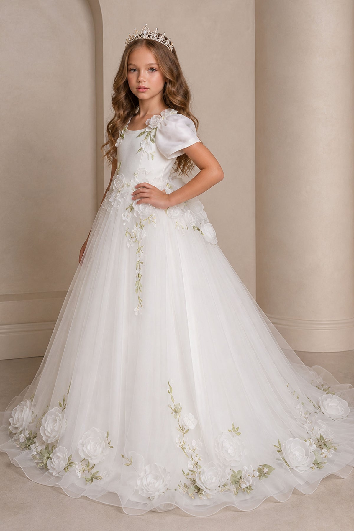 Girls White 3D Rose Floral Applique Puff Sleeve Ball Gown - Back Side View Open Back and Cathedral Train