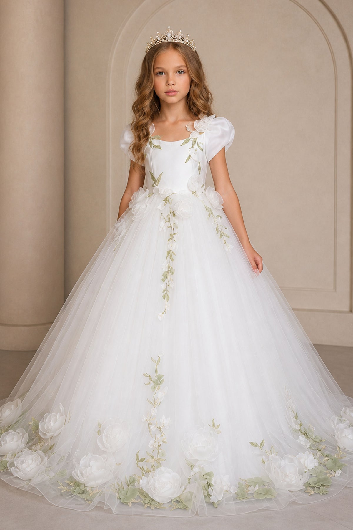Girls White 3D Rose Floral Applique Puff Sleeve Ball Gown - Front View Showing Skirt and Train